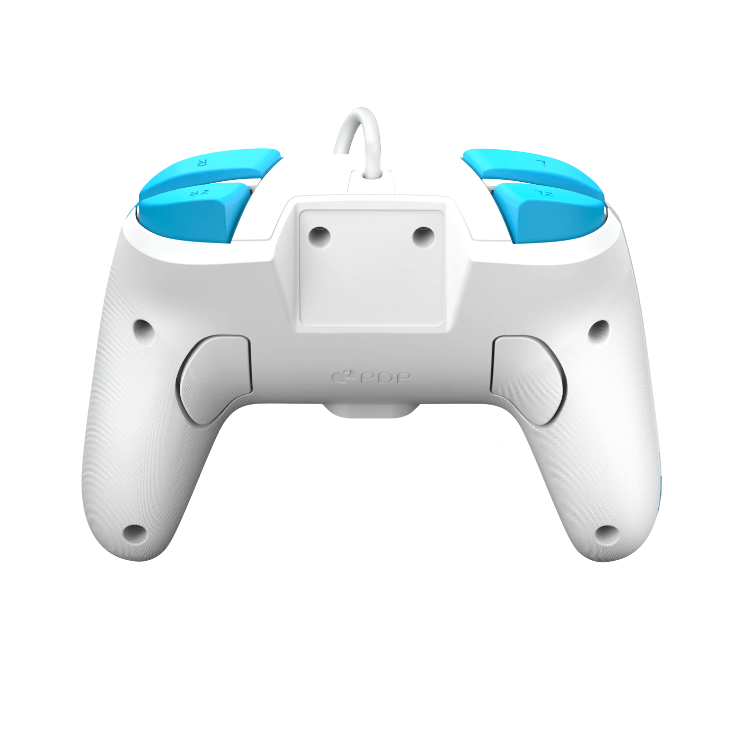 Vista trasera de un mando de juego blanco y azul, con botones y cable.