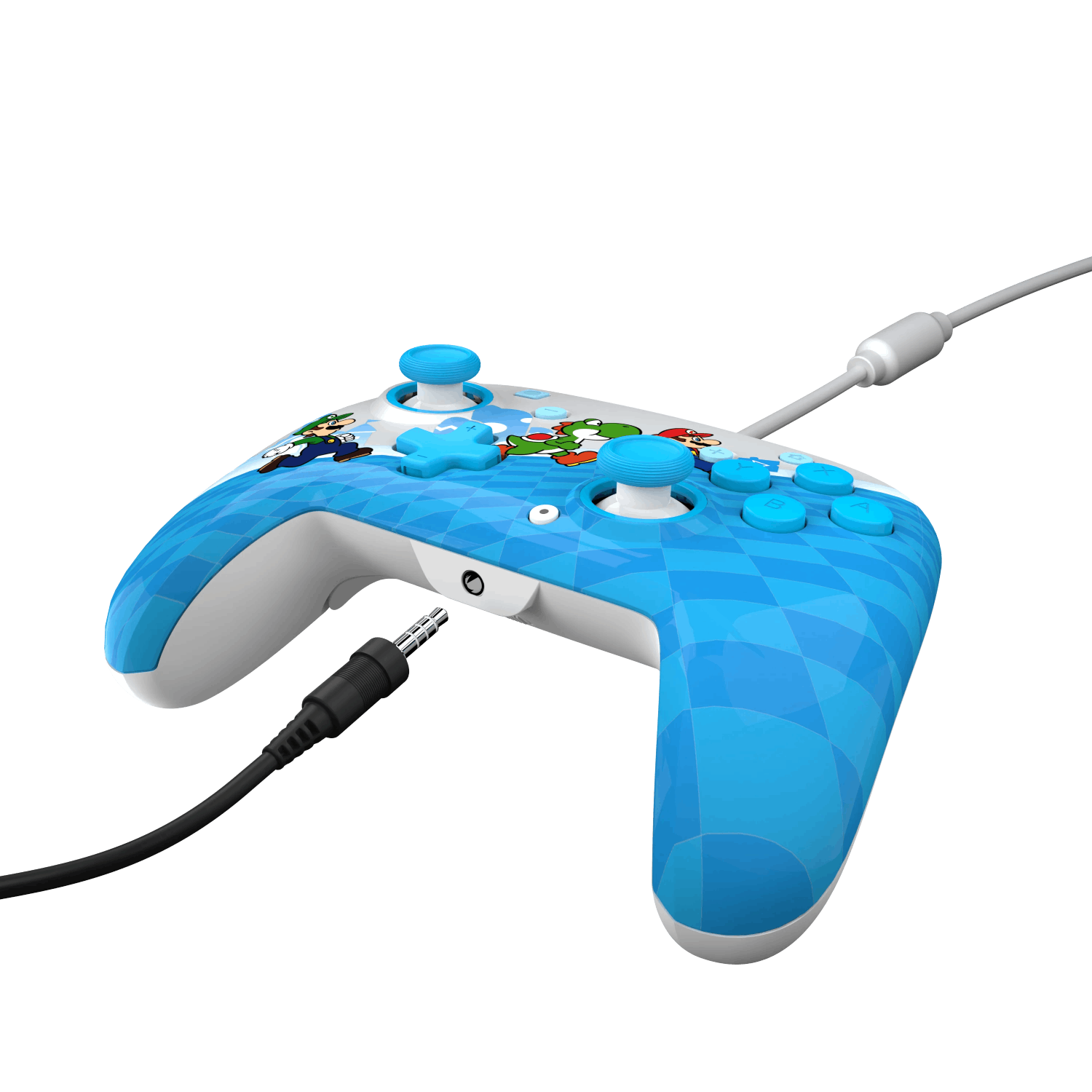 Controlador de juego azul y blanco con diseño de personajes coloridos y cable.