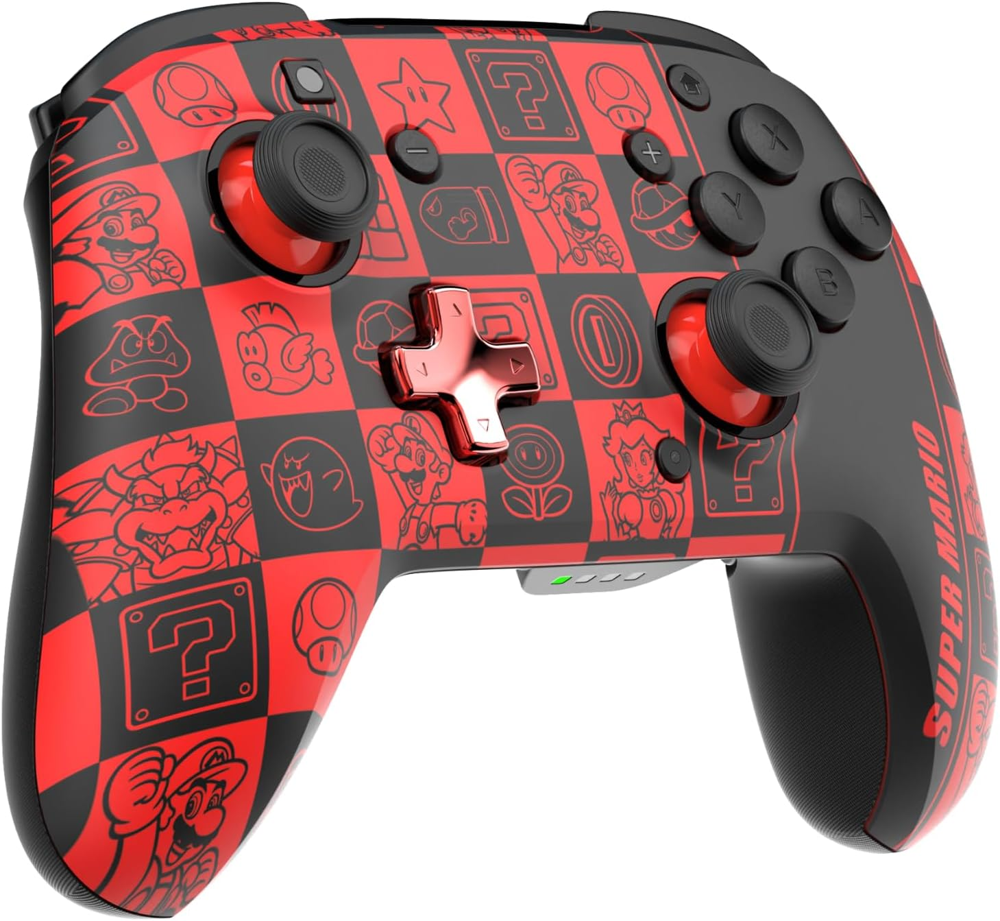Controlador temático de Super Mario, diseño a cuadros rojo y negro, con personajes de Mario.