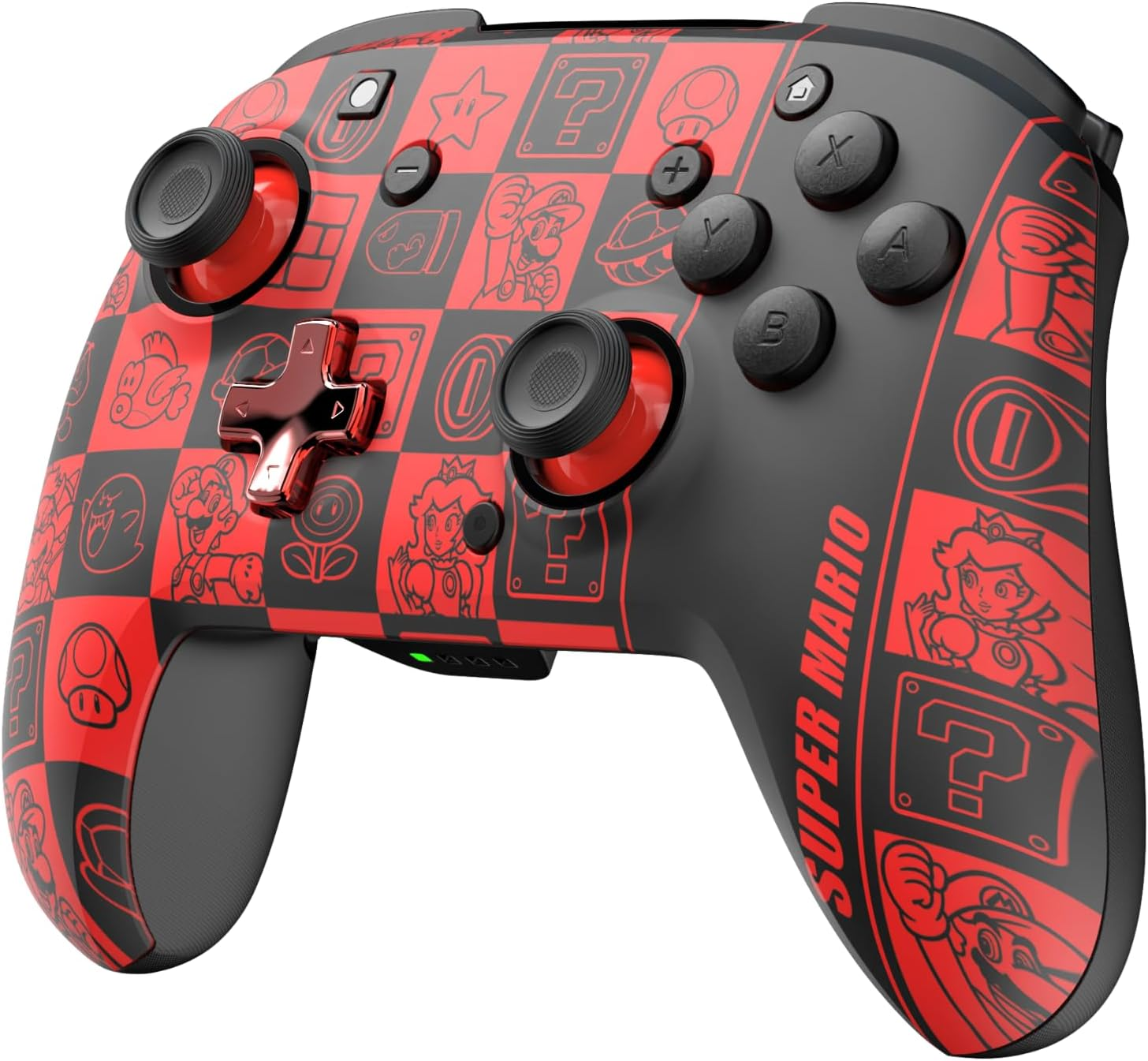 Mando Nintendo Switch de Super Mario, rojo y negro con diseños de personajes e iconos.