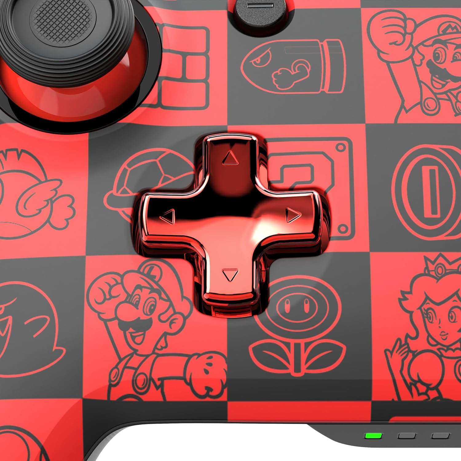 Un mando de Nintendo Switch rojo y negro con personajes de juego icónicos.
