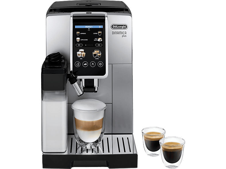 DELONGHI Dinamica Plus ECAM380.85.SB - 22 Kaffeespezialitäten, 3 Benutzerprofile, KI-Favoriten, einfache Bedienung, Kaffeevollautomat Silber/Schwarz
