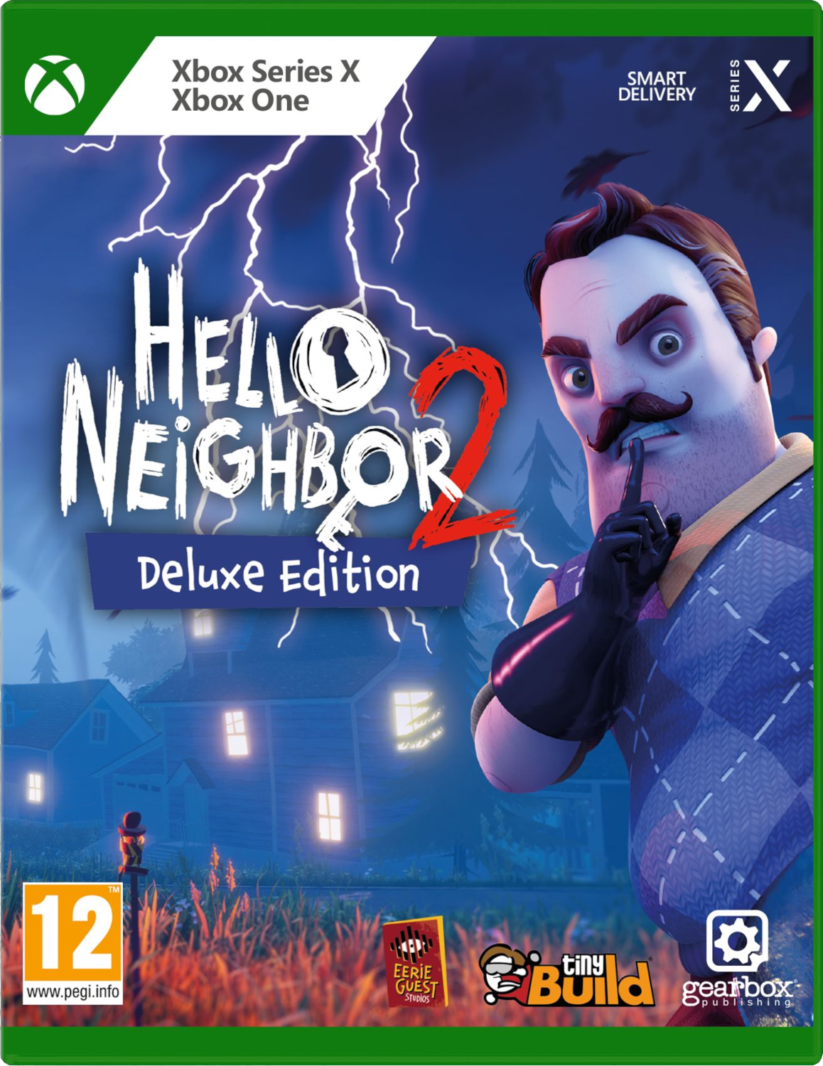 Hello Neighbor 2 Deluxe Edition gamebox, met een man die een vinger op zijn lippen legt.