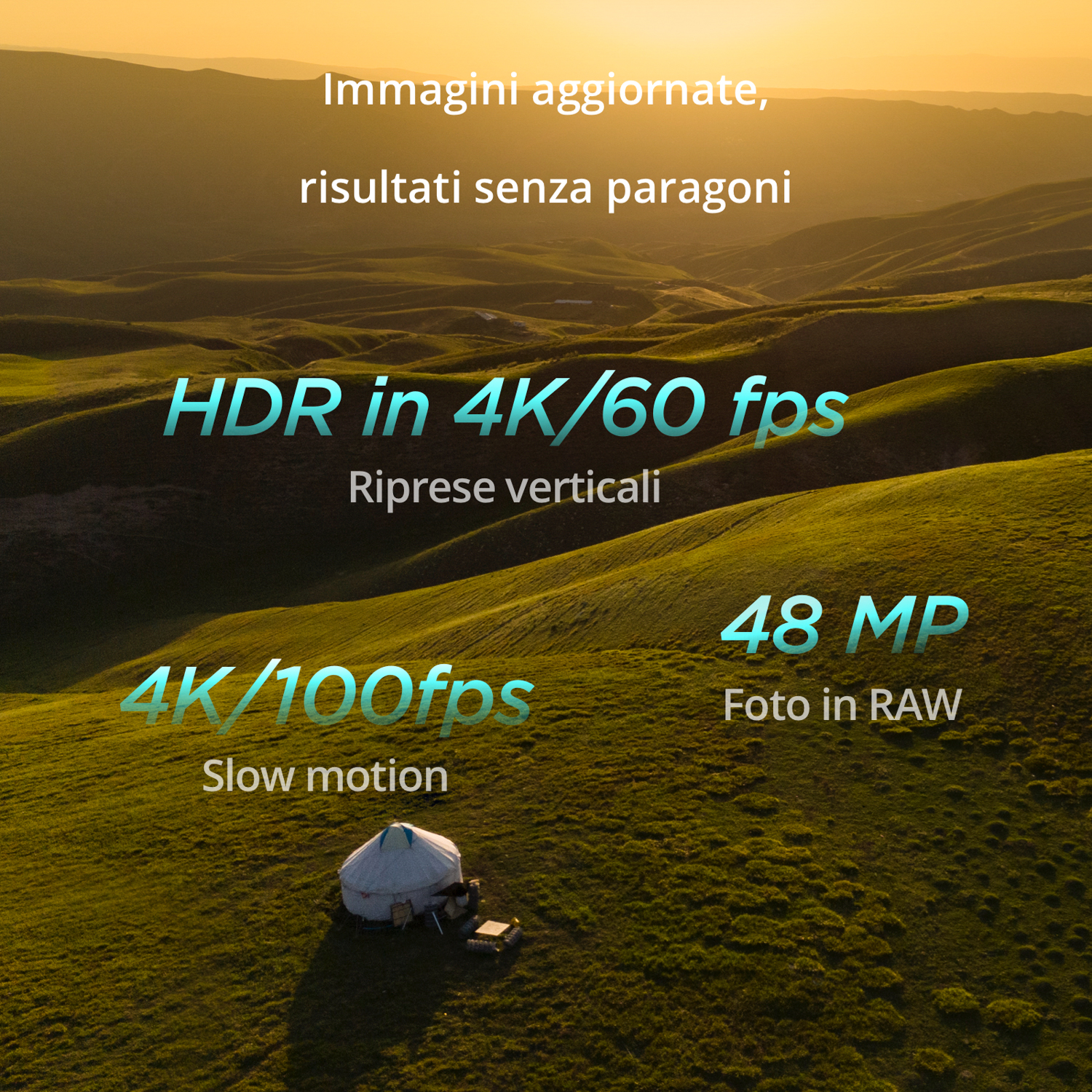 Vista aerea di un paesaggio con testo che descrive la qualità video: HDR in 4K/60 fps e 4K/100 fps.
