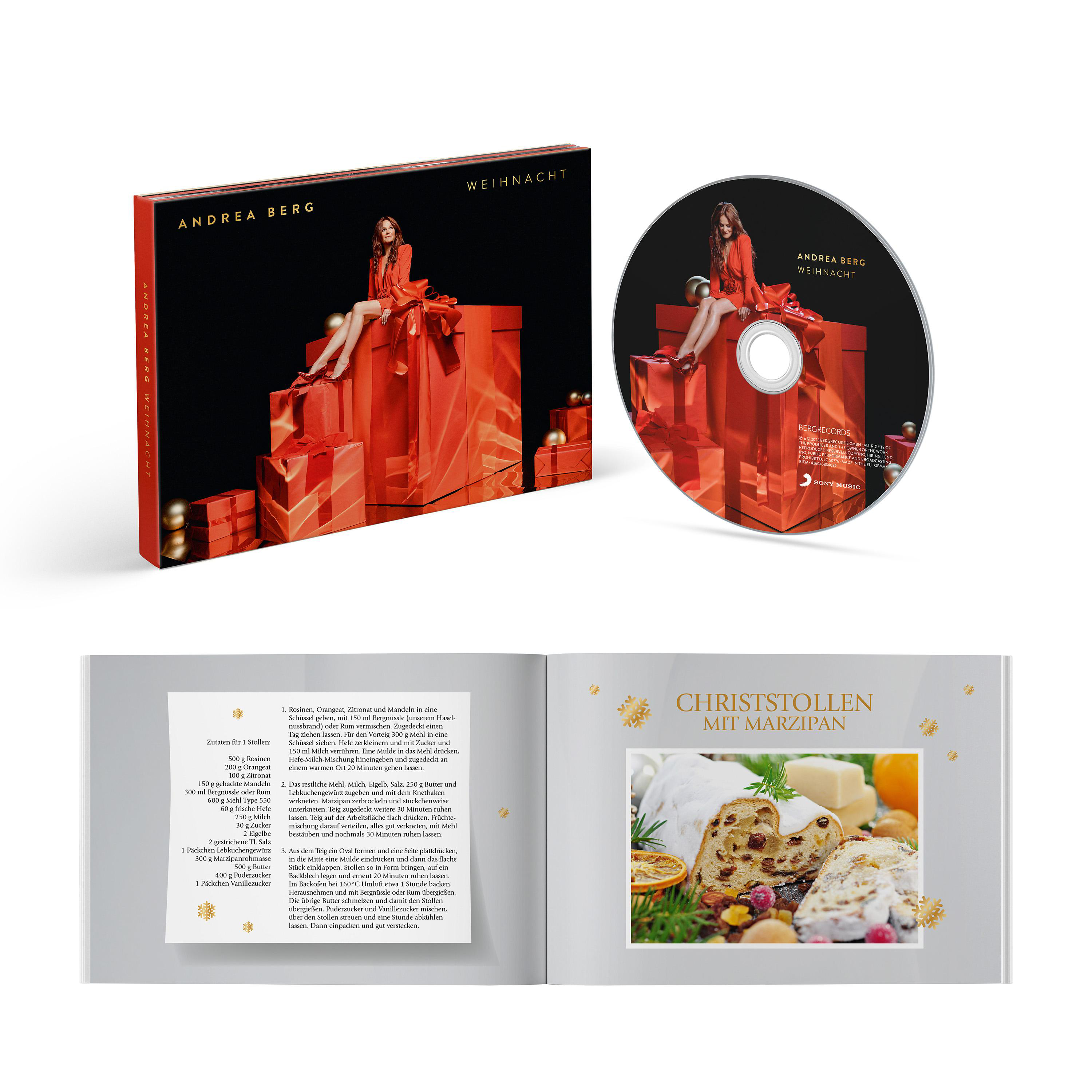 Das Cover eines Albums mit einer Frau auf einer Geschenkbox sowie einer CD und einem Rezept.