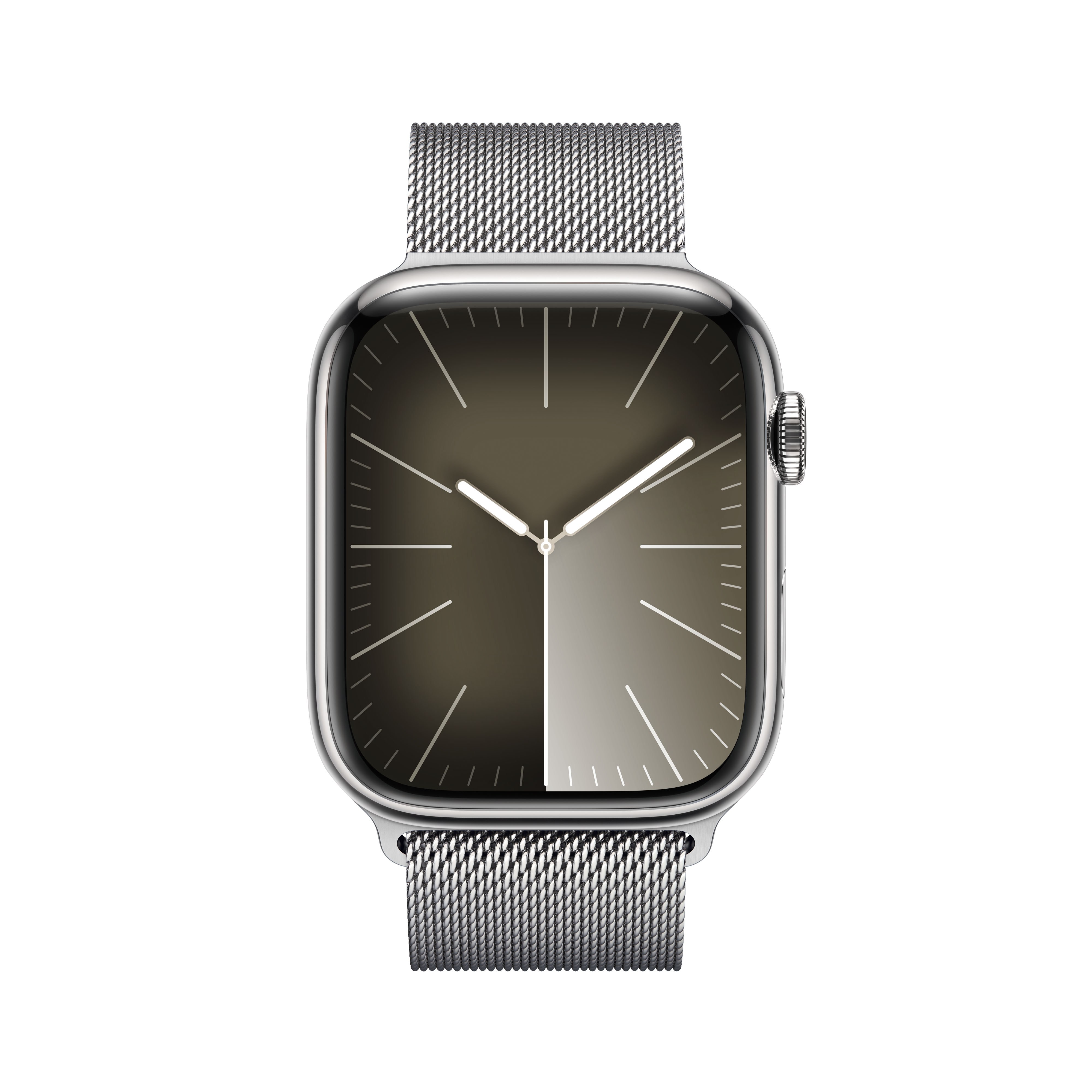 Metal bir bantlı gümüş Apple Watch, karanlık bir ekranda saati gösteriyor.