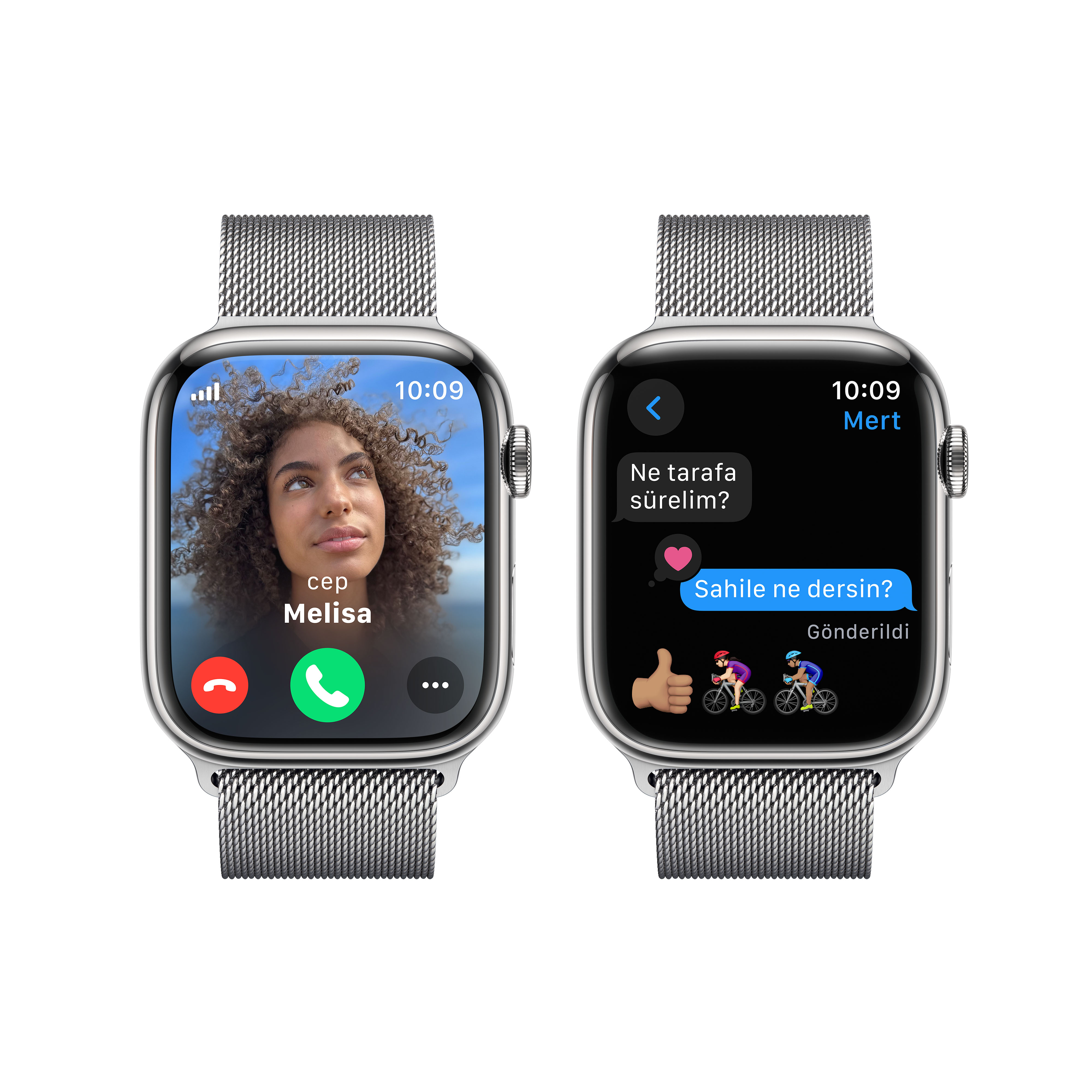 İki Apple Watch: biri arama ekranıyla, diğeri mesajlaşma konuşmasıyla.