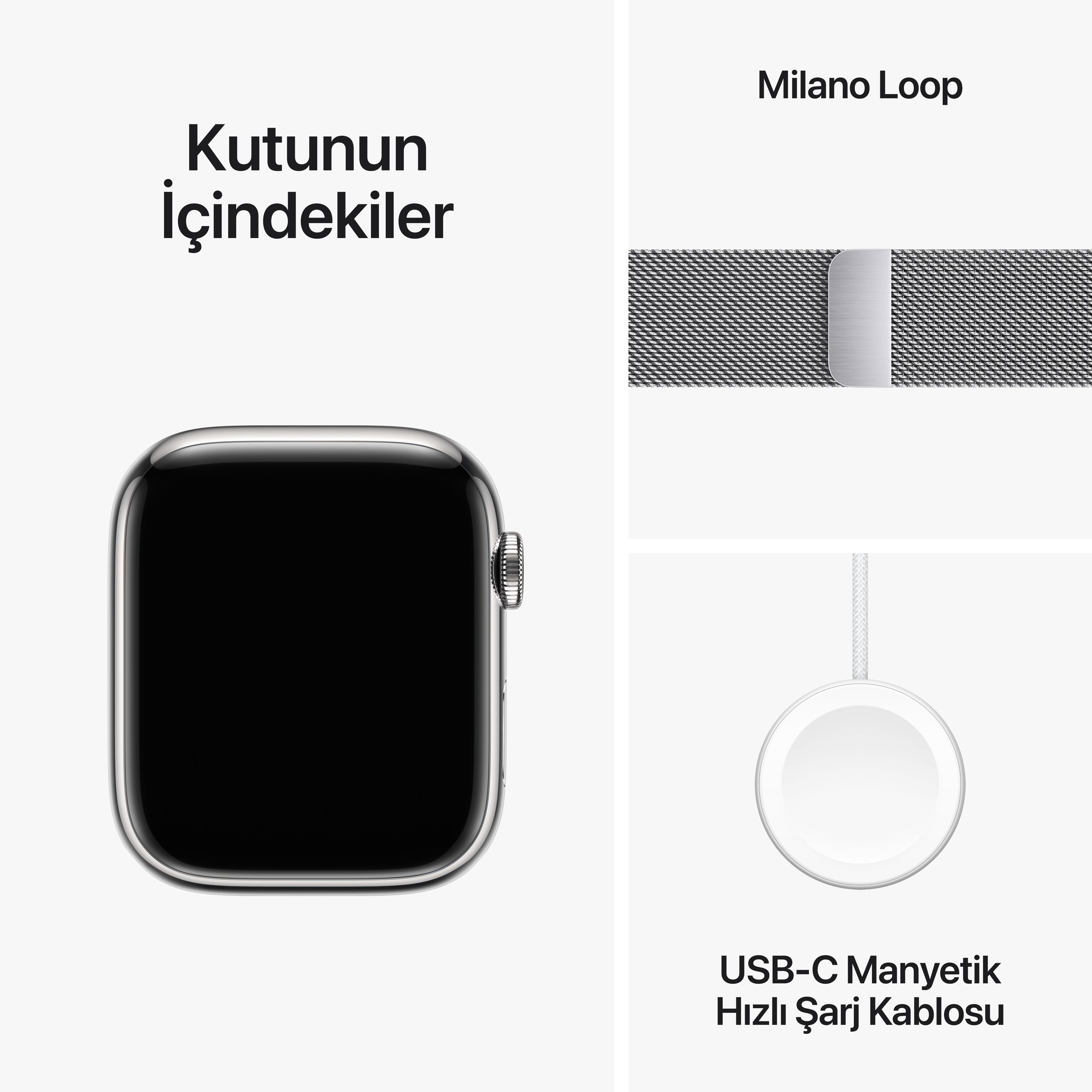 Bir Apple Watch, bir şarj kablosu ve bir Milanese Loop kayış, hepsi düzenli bir şekilde düzenlenmiş.