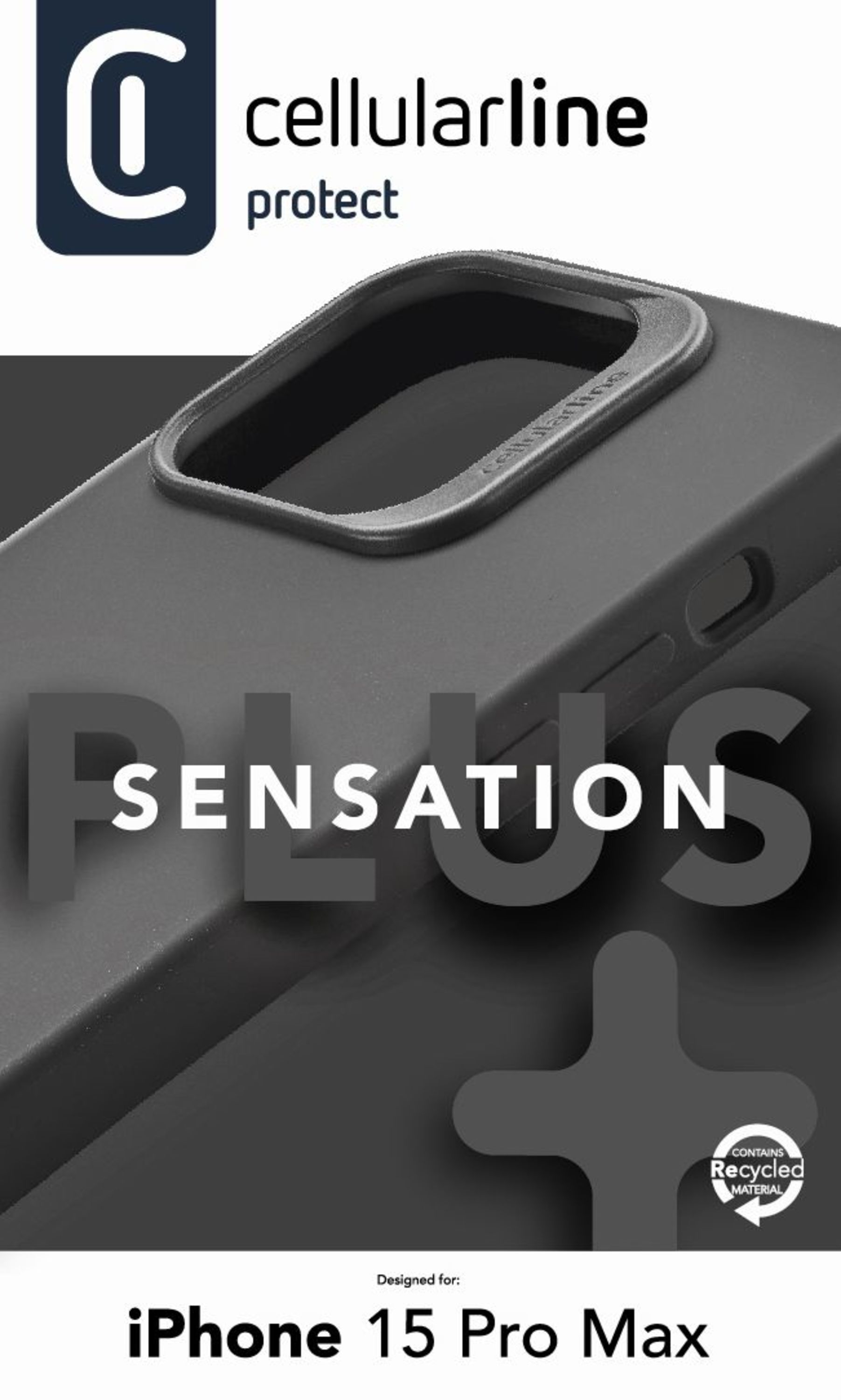 'Sensation' yazılı ve marka logosu bulunan siyah iPhone 15 Pro Max telefon kılıfı.