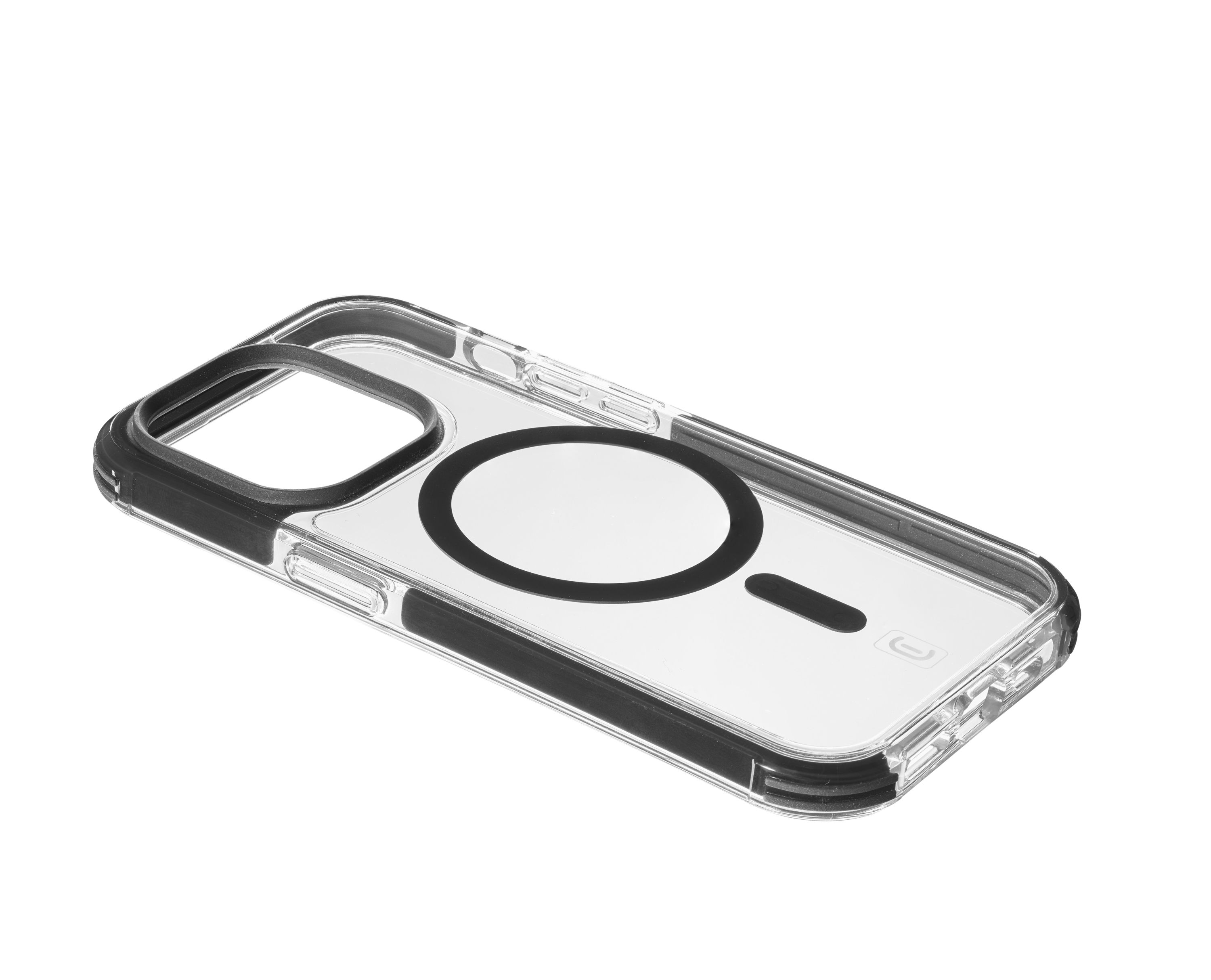 Siyah çerçeveli, manyetik daireli ve kamera boşluklu şeffaf telefon kılıfı, beyaz bir yüzey üzerinde.