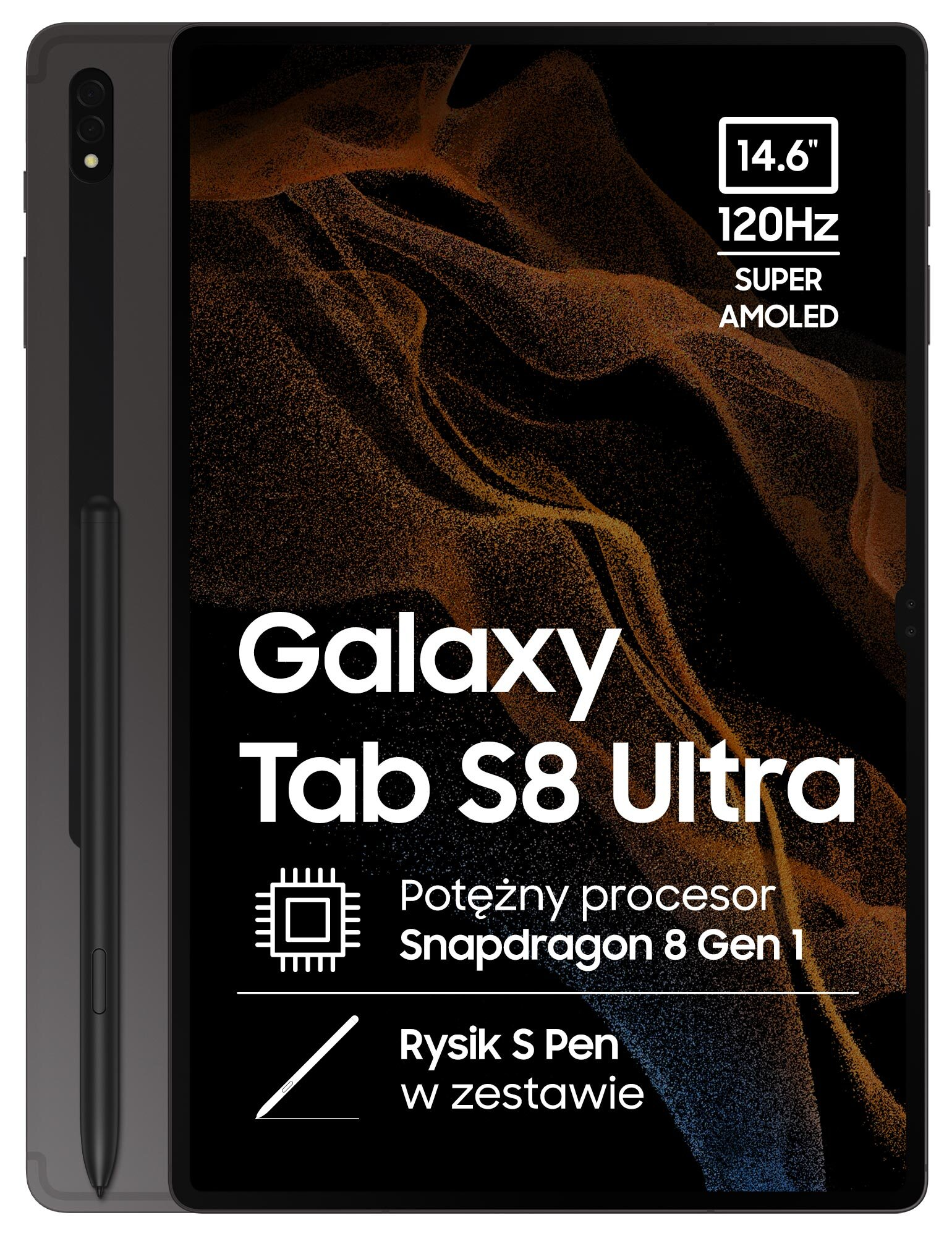 Czarny tablet z rysikiem, z wyświetlaczem 14,6", 120Hz i procesorem Snapdragon 8 Gen 1.