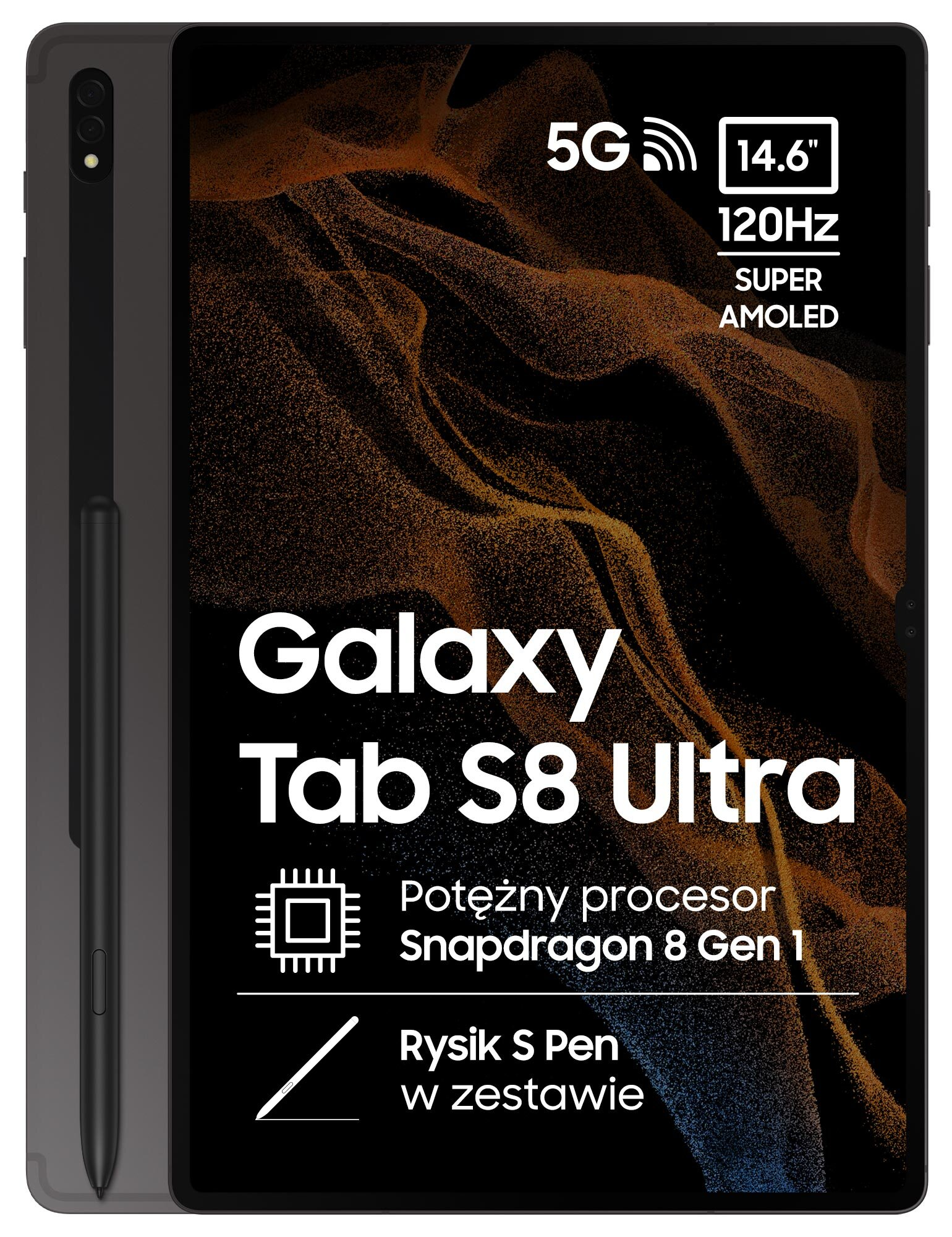 Czarny tablet z rysikiem, tekst: Galaxy Tab S8 Ultra i funkcje na ekranie.
