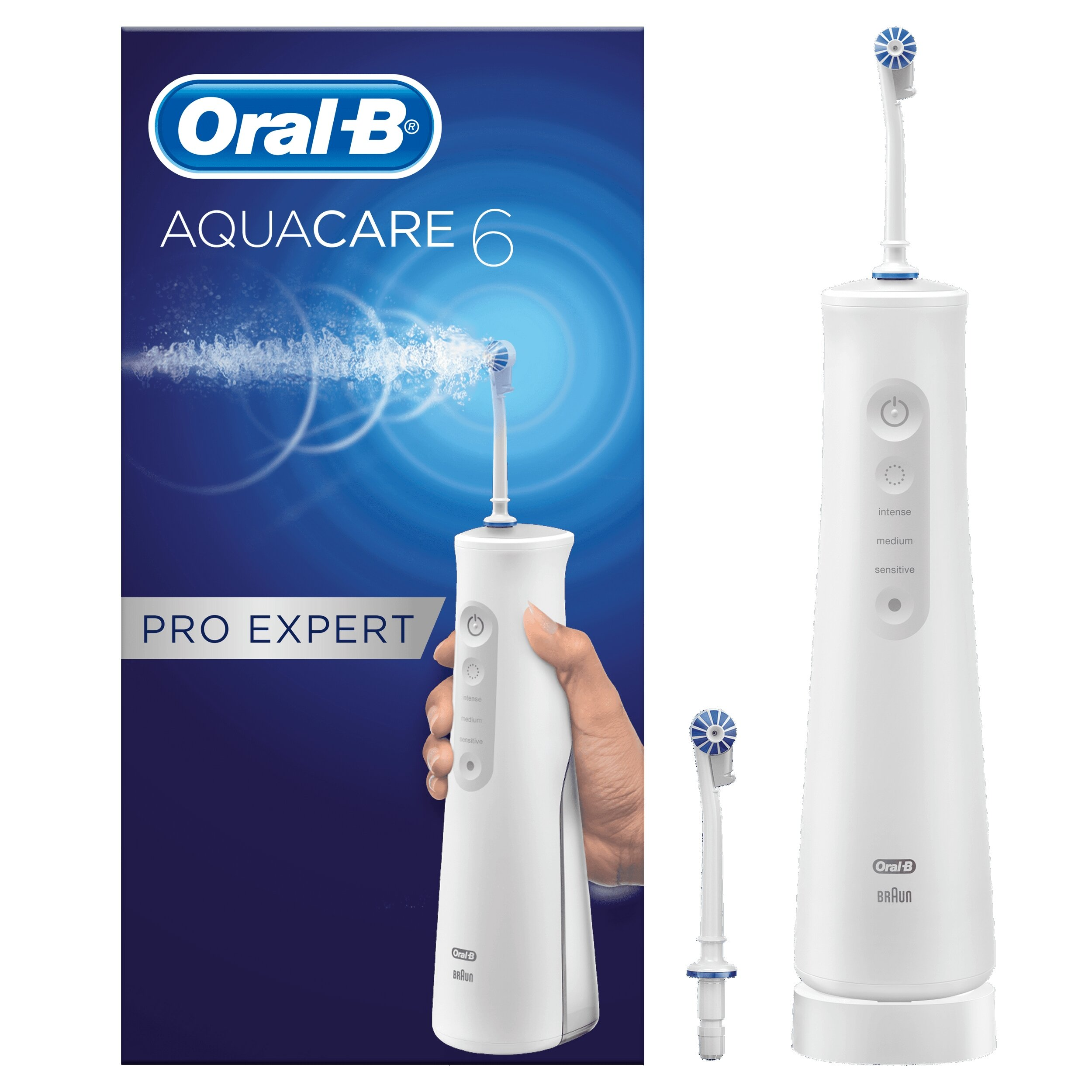 Pudełko irygatora Oral-B Aquacare 6 z urządzeniem z boku.