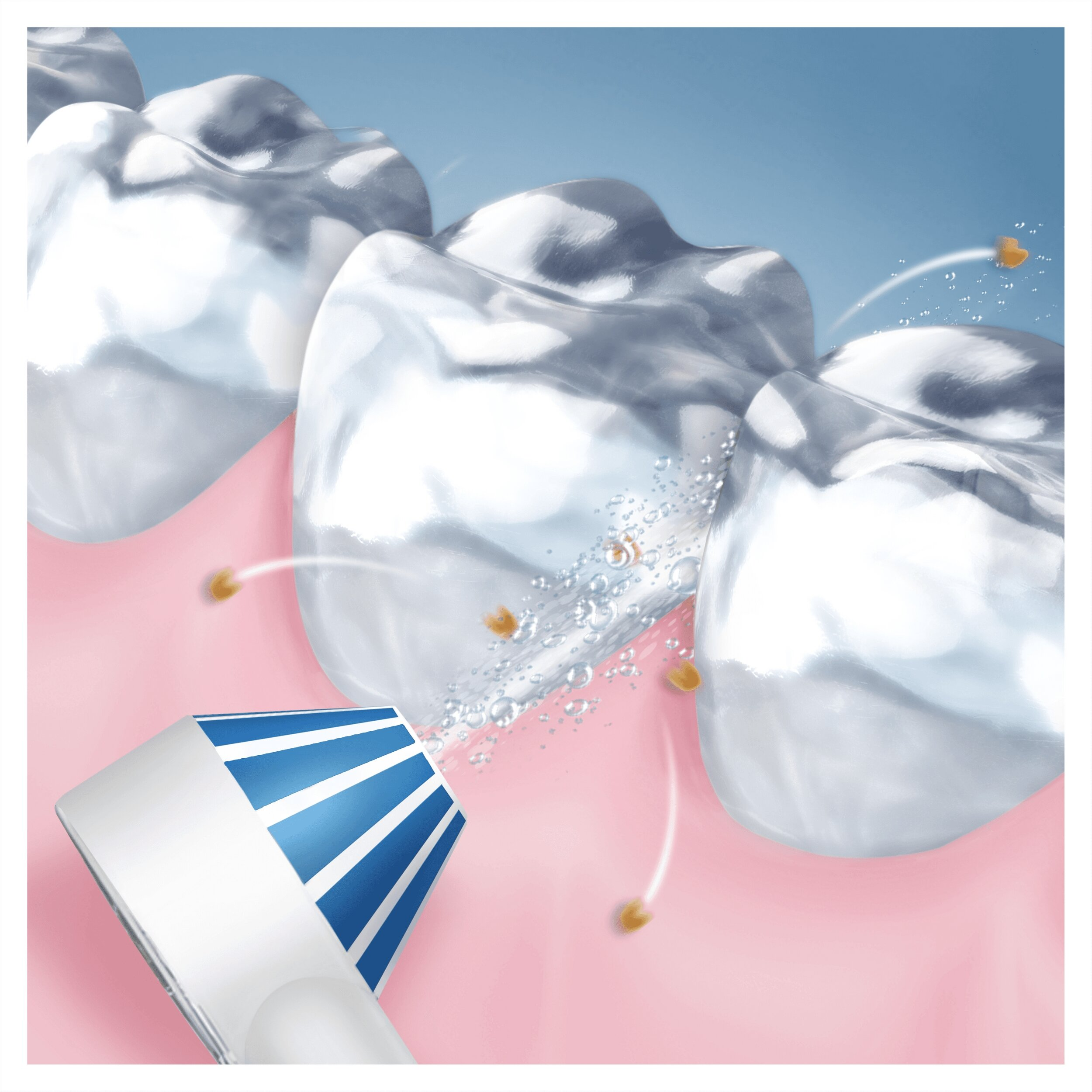 Zbliżenie szczoteczki elektrycznej czyszczącej zęby, ze strumieniem wody i cząsteczkami.