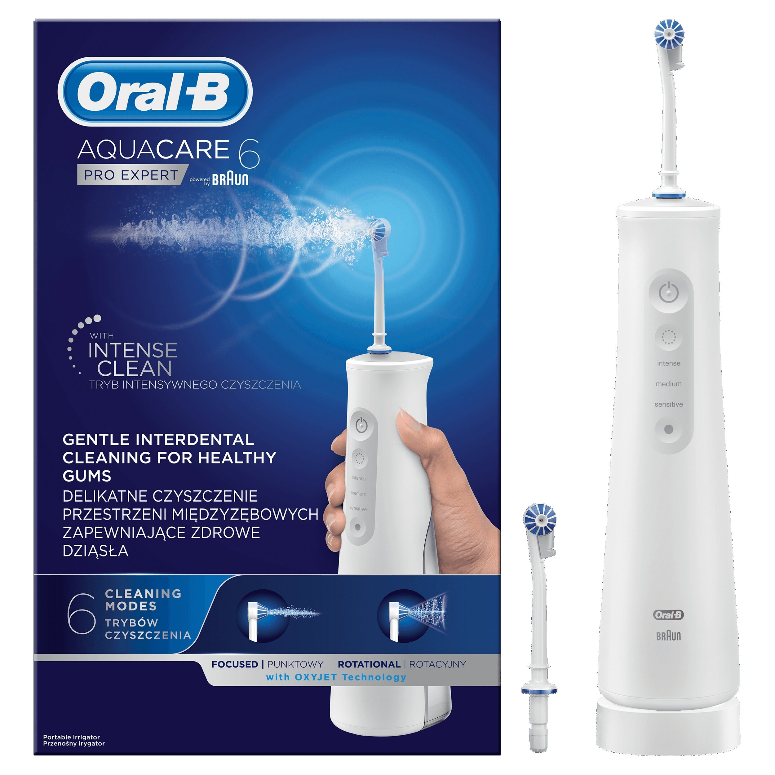 Oral-B Aquacare 6 Pro Expert z irygatorem i pudełkiem.