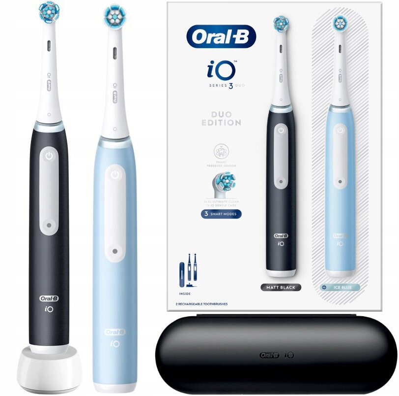 Dwie elektryczne szczoteczki do zębów, jedna czarna i jedna niebieska, z etui i pudełkiem.