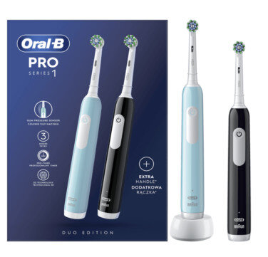 Dwie szczoteczki elektryczne Oral-B Pro Series 1, pudełko, niebieska i czarna.