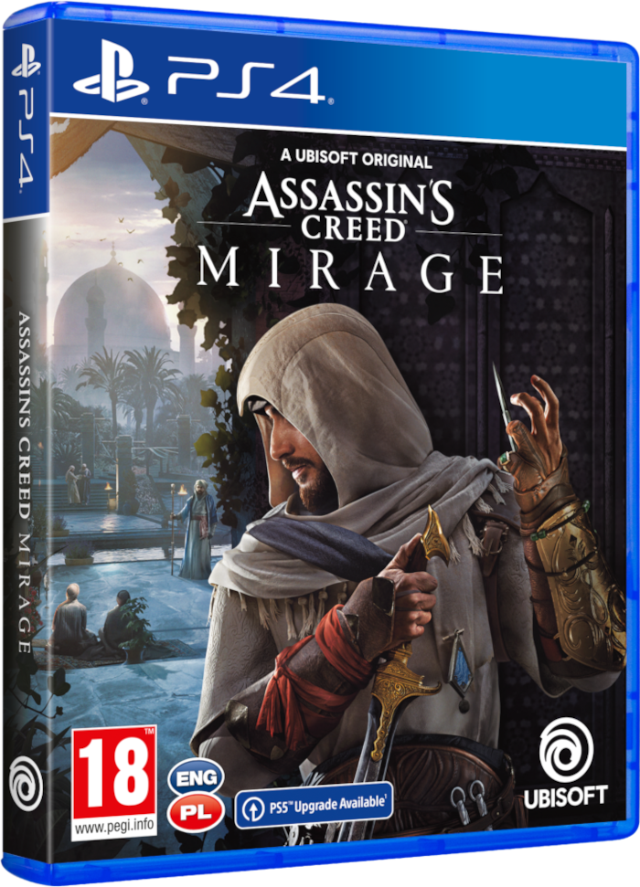 PS4 játékborító, Assassin's Creed Mirage. Egy kapucnis férfi kardot tart. A háttér egy város.