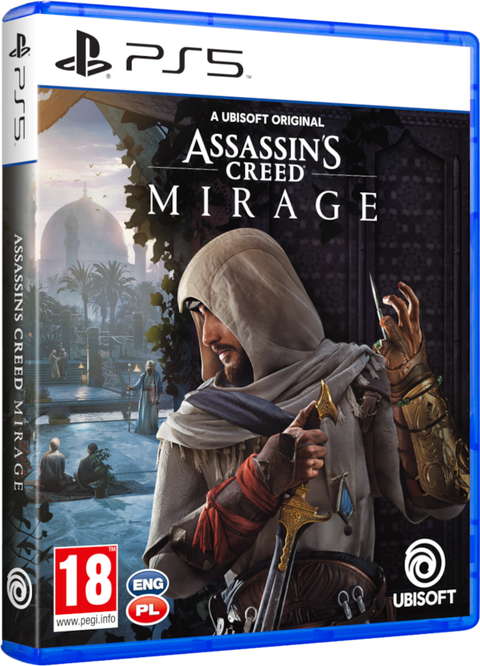 PS5 játékborító: Assassin's Creed Mirage. Egy csuklyás figura kardot tart egy városi jelenet előtt.