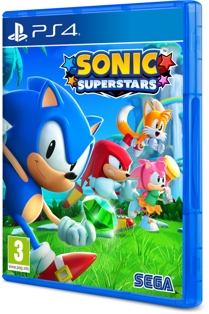 Sonic Superstars játék borítója. Sonic, Tails, Knuckles és Amy színes, élénk jelenetben.