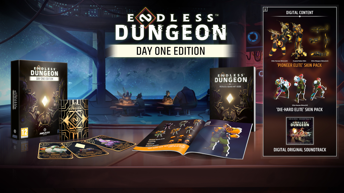 Endless Dungeon Day One Edition dobozkészlet, művészeti könyv, játékkártyák és egyéb játékhoz kapcsolódó tárgyak az asztalon.