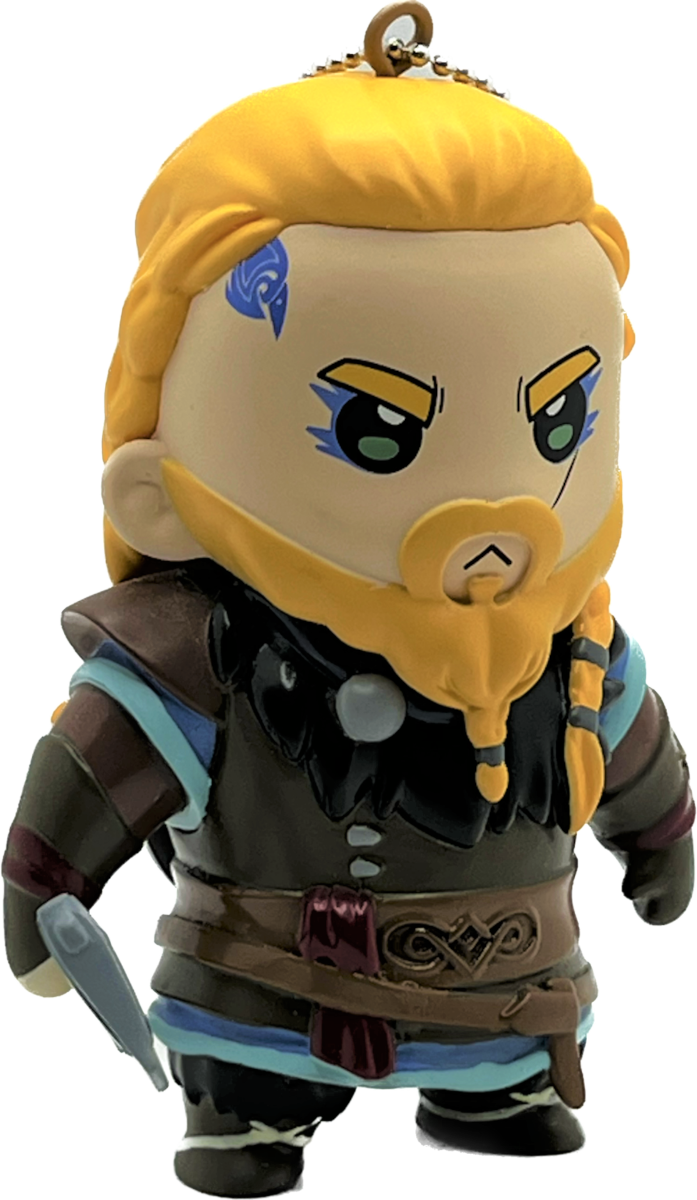 Egy kis, rajzfilmszerű viking figura, aki egy kardot tart. Sárga szakálla és kék mintája van.