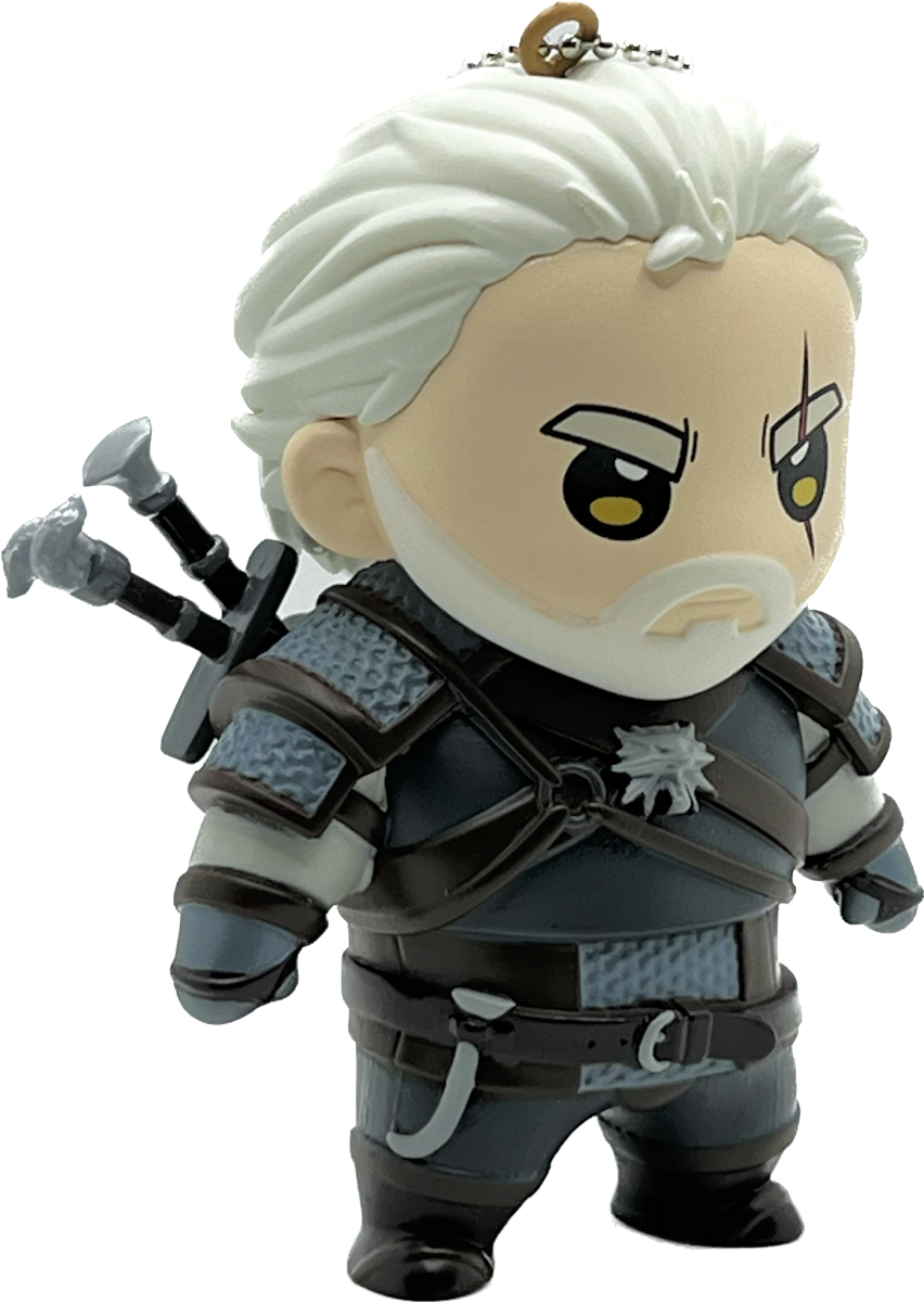 Geralt of Rivia figura, anime stílusban, fehér hajjal, két karddal a hátán.