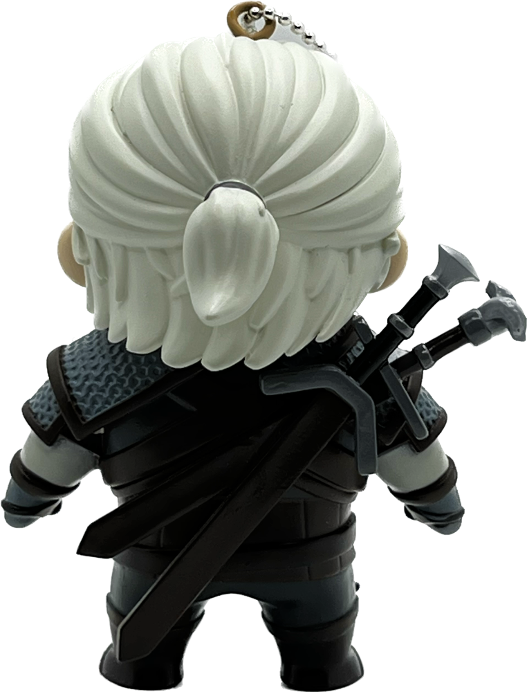 Geralt figurájának hátulja. Fehér haja, láncinge, bőrpáncélja és kardja van a hátán.