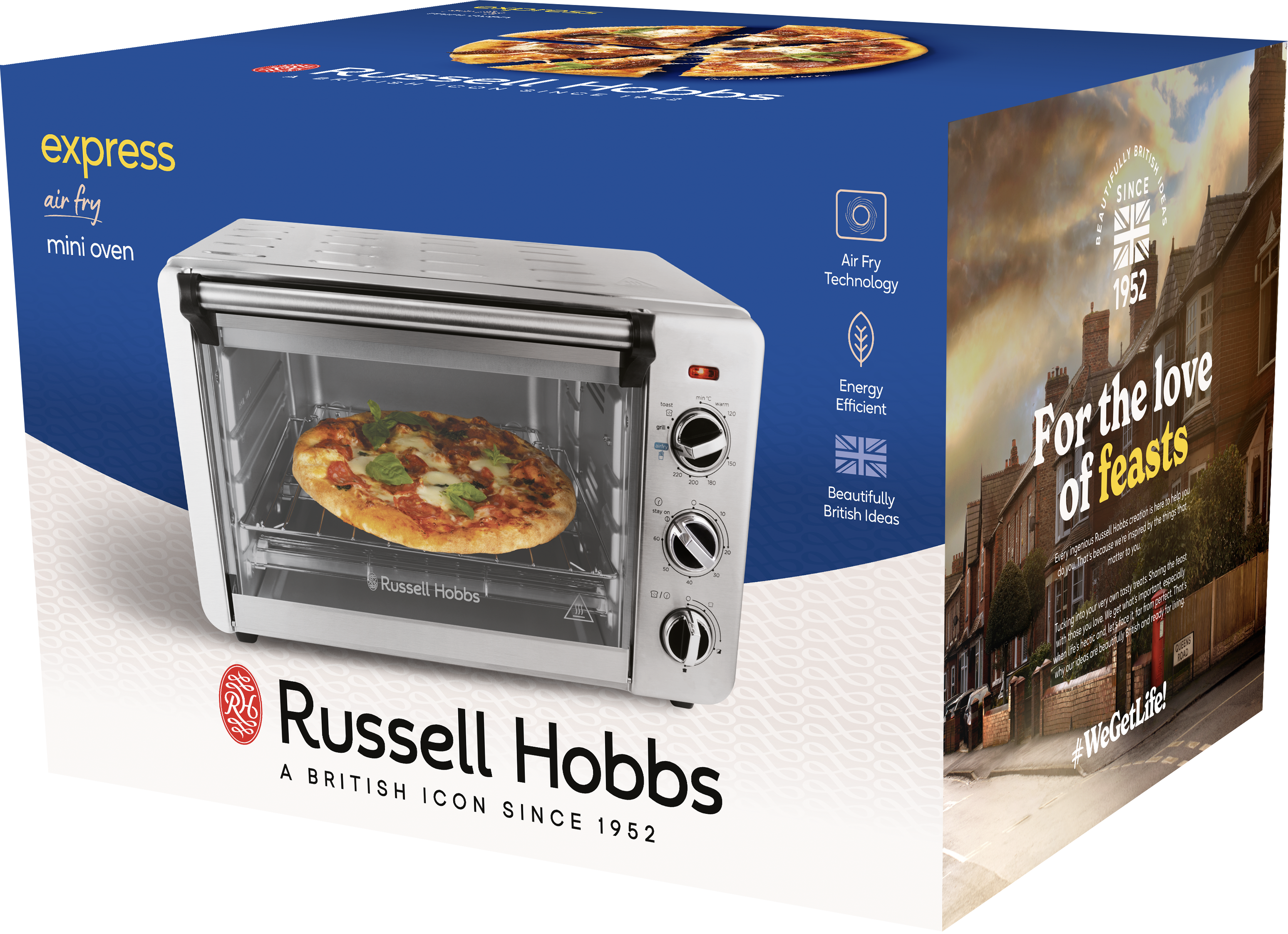 Egy mini sütő doboz, amelyben egy pizza látható. Szöveg: express air fry mini sütő, Russell Hobbs.