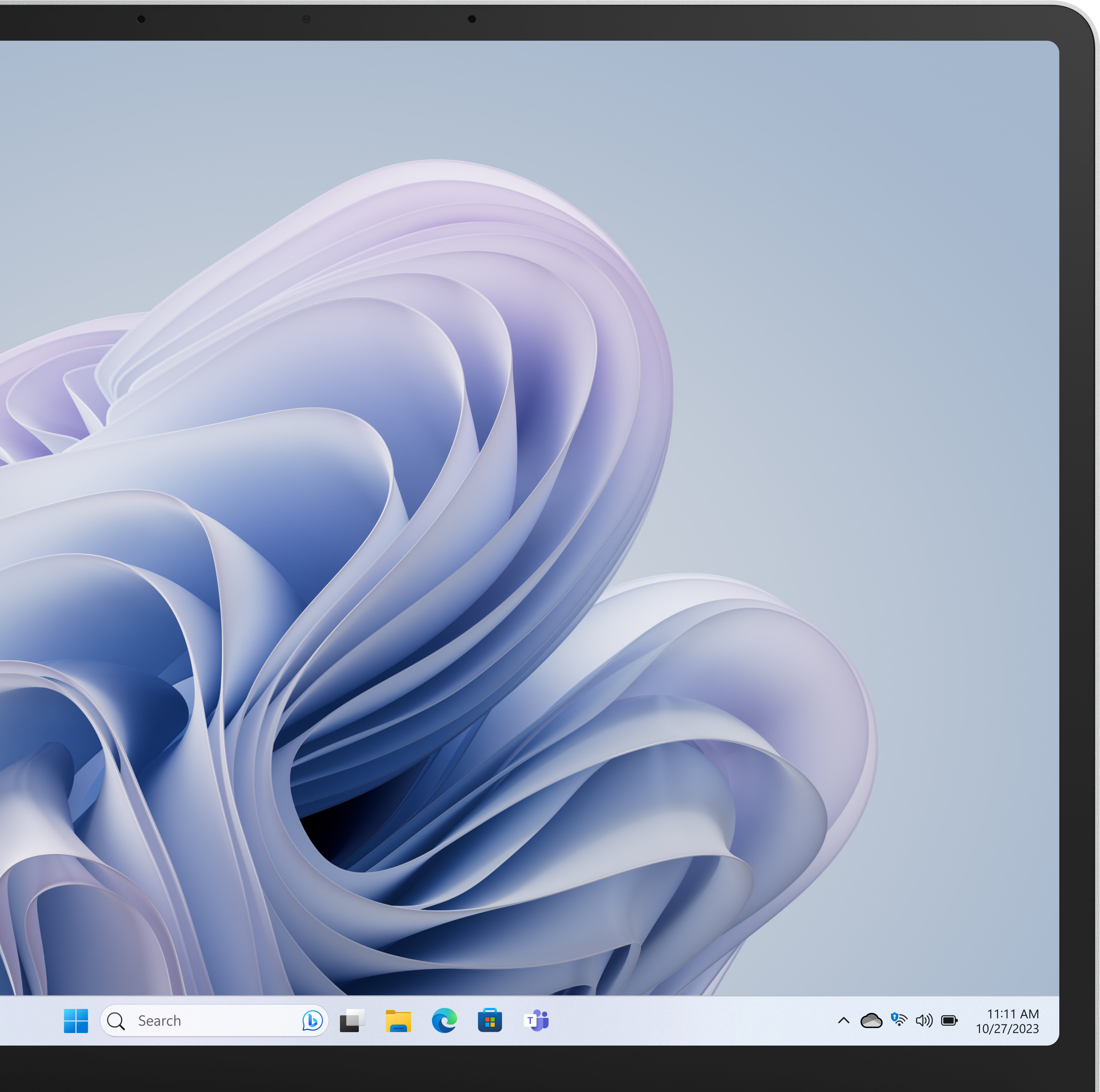 Ein Laptop-Bildschirm, der einen farbenfrohen abstrakten Hintergrund mit blauen und lila Formen zeigt.