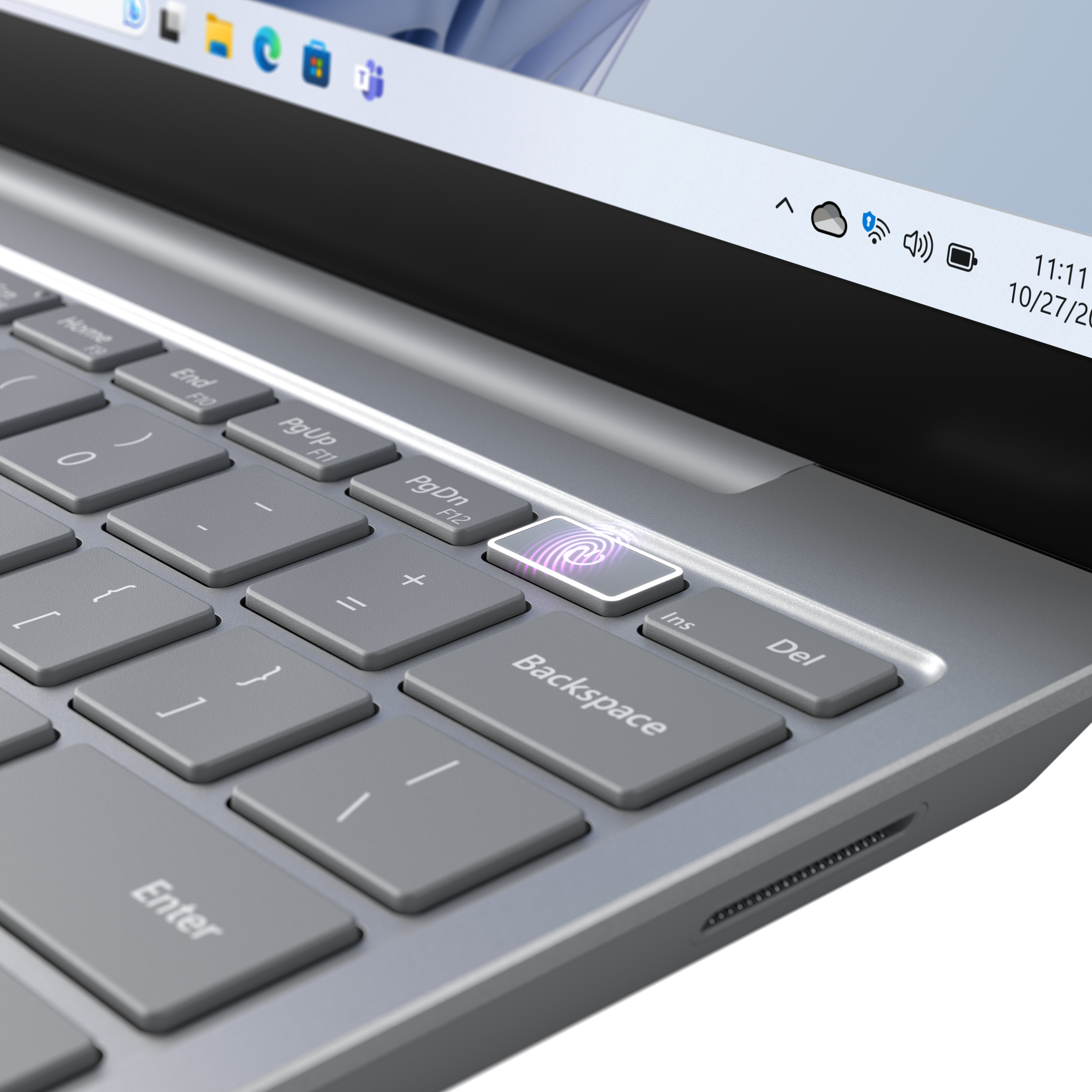 Nahaufnahme einer Laptop-Tastatur mit einem Fingerabdrucksensor.