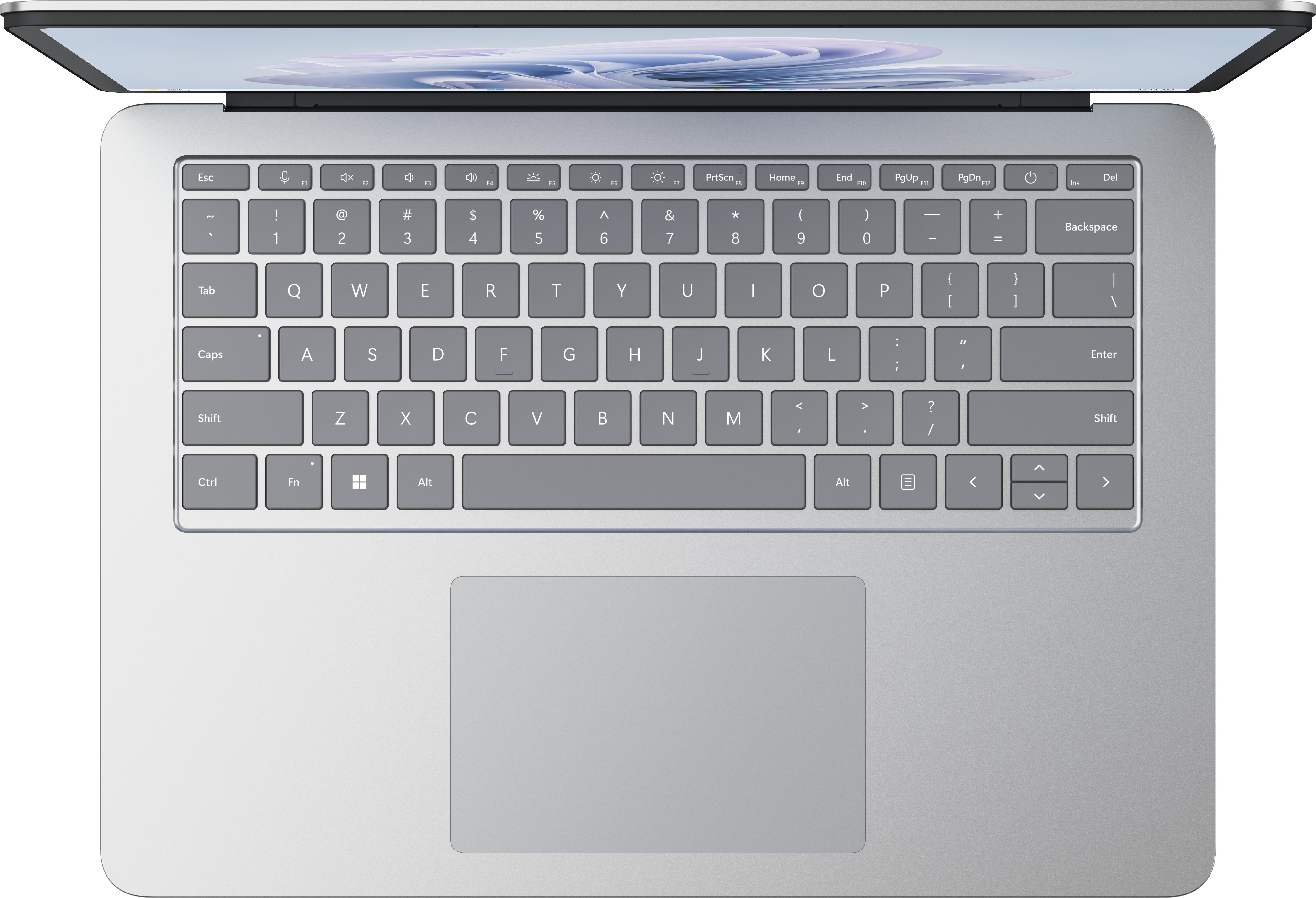 Laptop von oben, mit sichtbarer Tastatur und einem Trackpad.