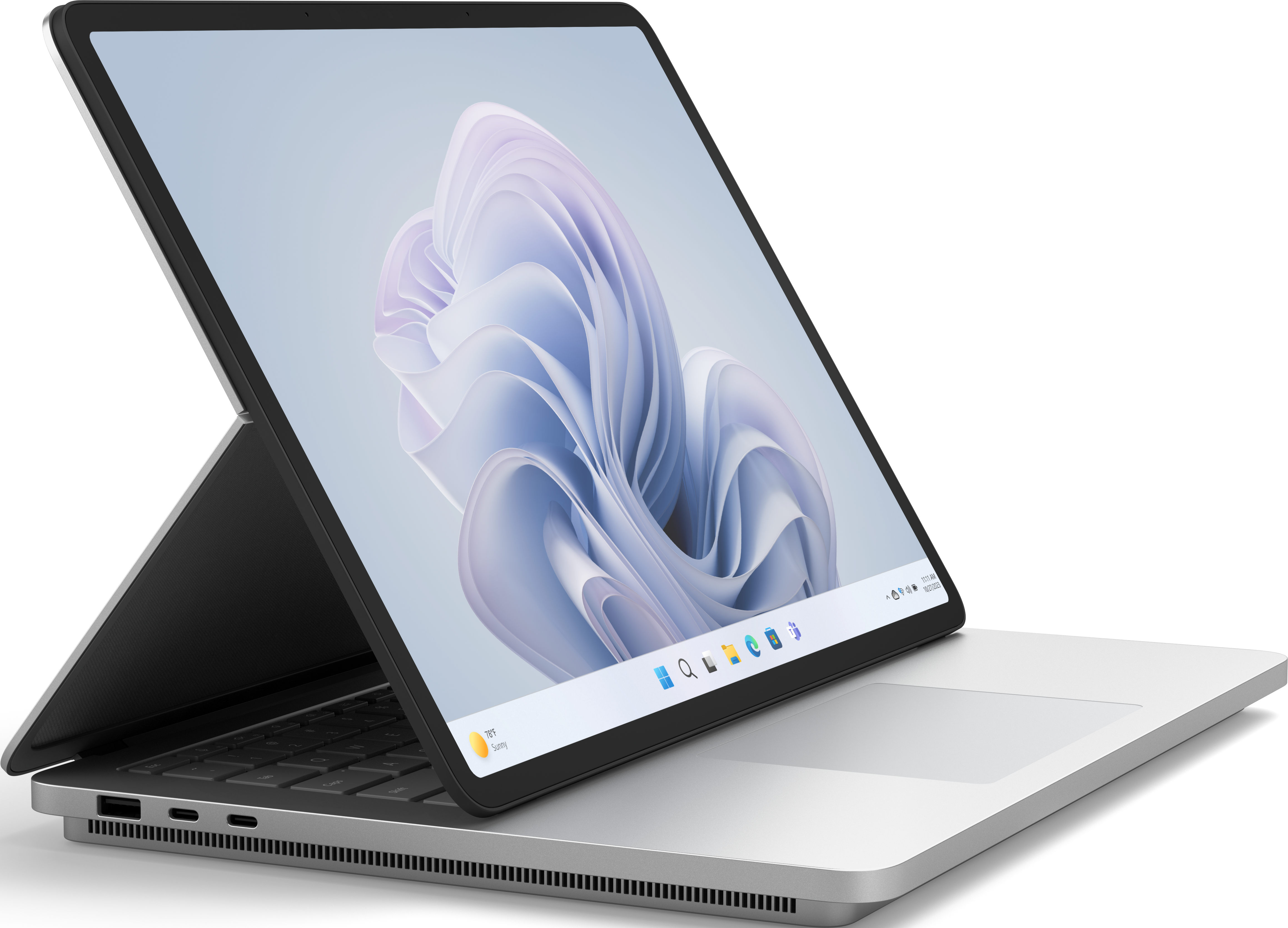 Ein silberner Laptop mit schwarzem Bildschirm. Der Bildschirm zeigt ein farbenfrohes, abstraktes Design.