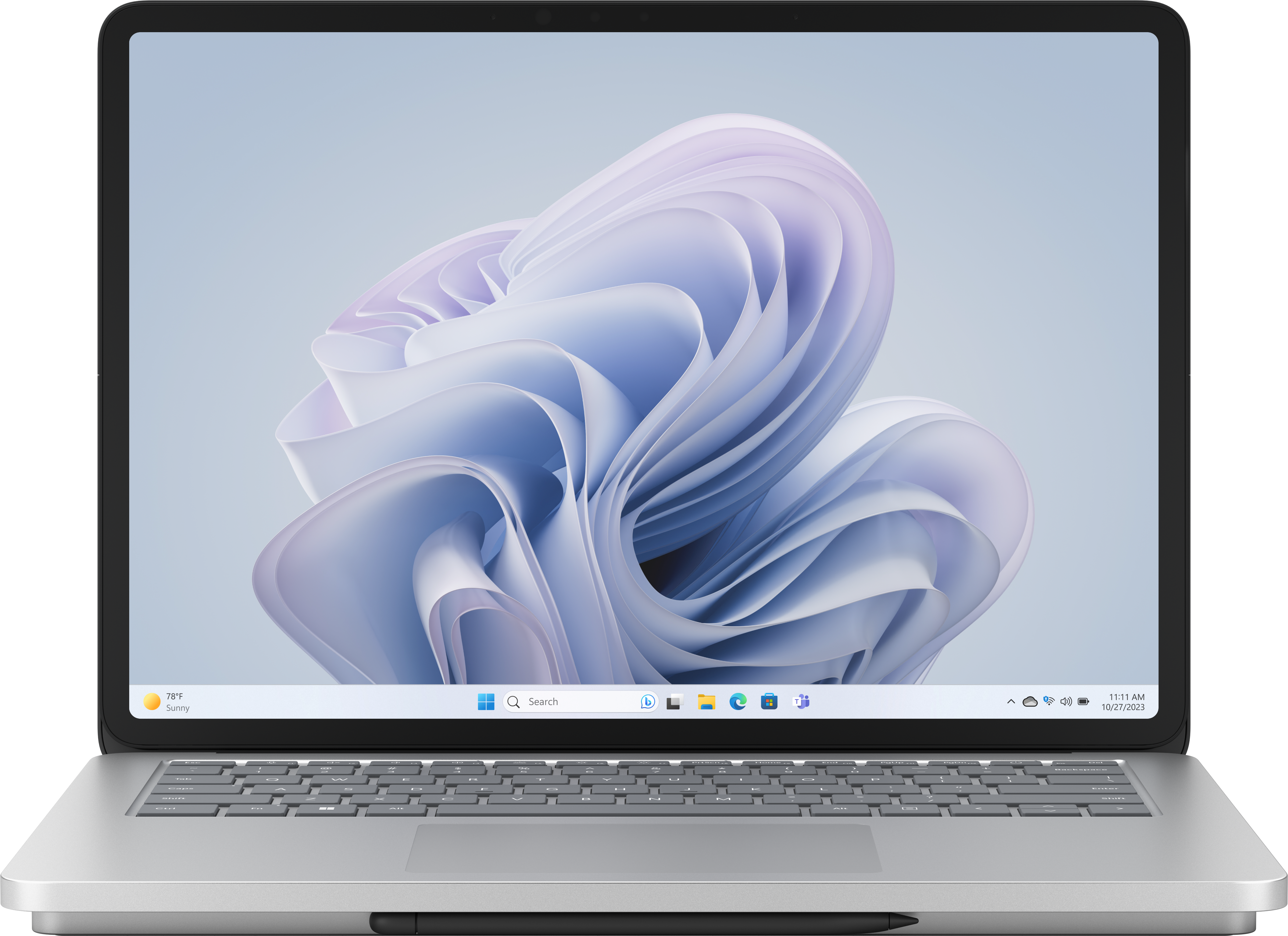 Laptop geöffnet, zeigt abstraktes blaues und weißes Design auf dem Bildschirm. Die Tastatur ist sichtbar.