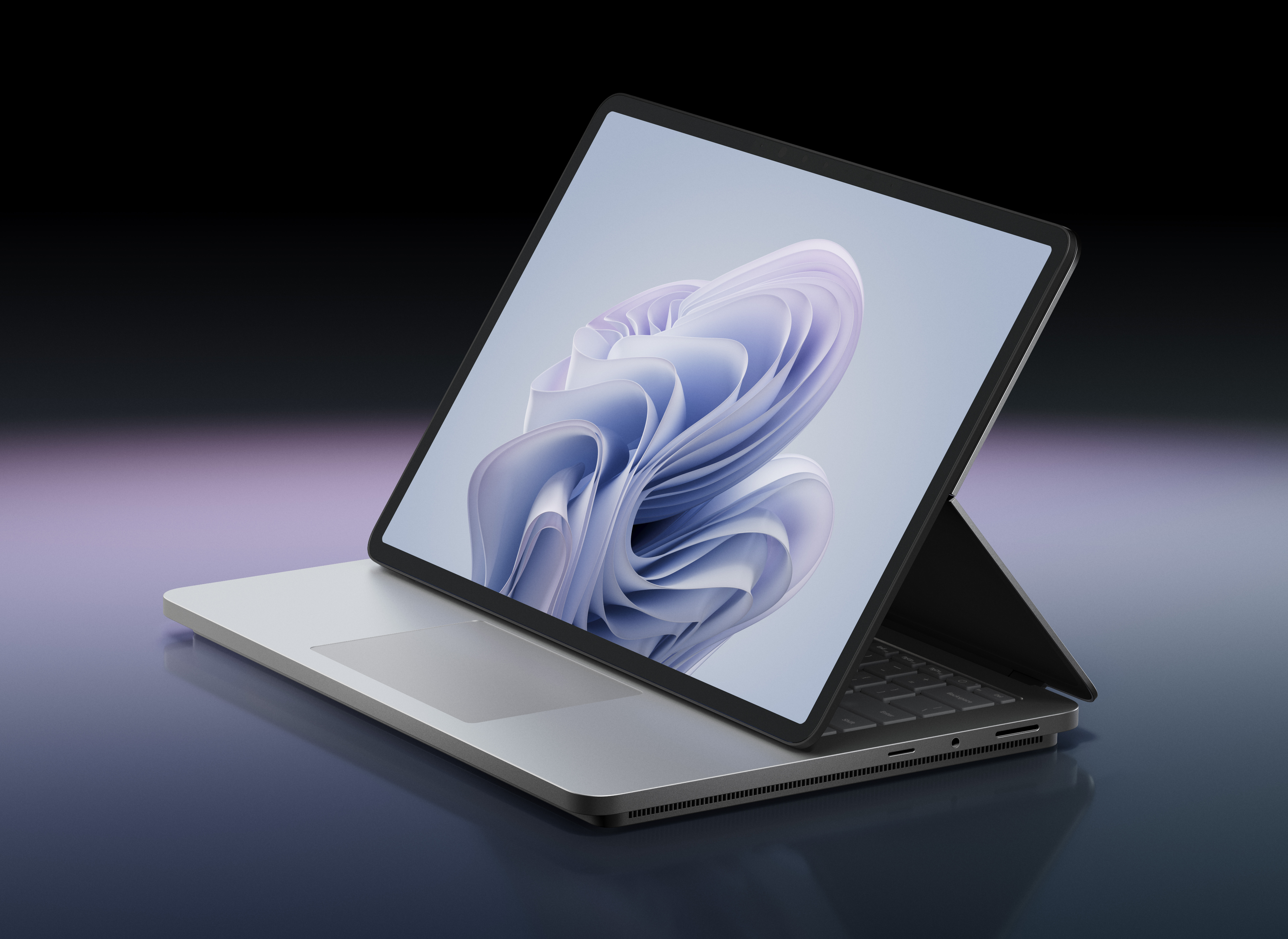 Laptop auf einer reflektierenden Oberfläche, mit geöffnetem Tablet-ähnlichen Bildschirm.