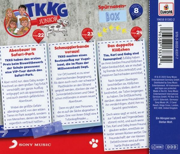 Rückseite eines Buches mit Bildern und Text über eine Kinder-Abenteuergeschichte.