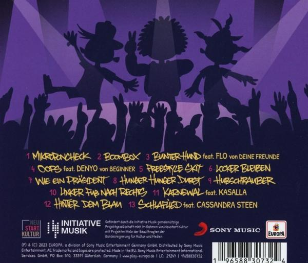 Rückseite einer CD mit Cartoonfiguren, Konzertbühne und Text auf Deutsch. Die CD heißt 'Europa'.