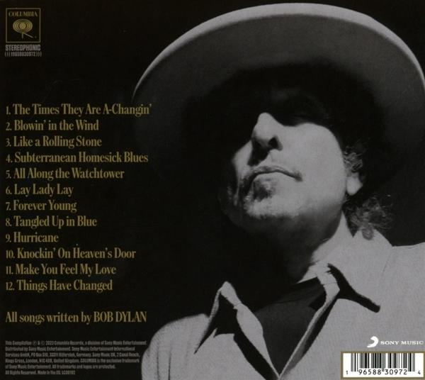 Albumcover mit Bob Dylan in einem Hut. Songtitel sind auf der linken Seite gelistet.
