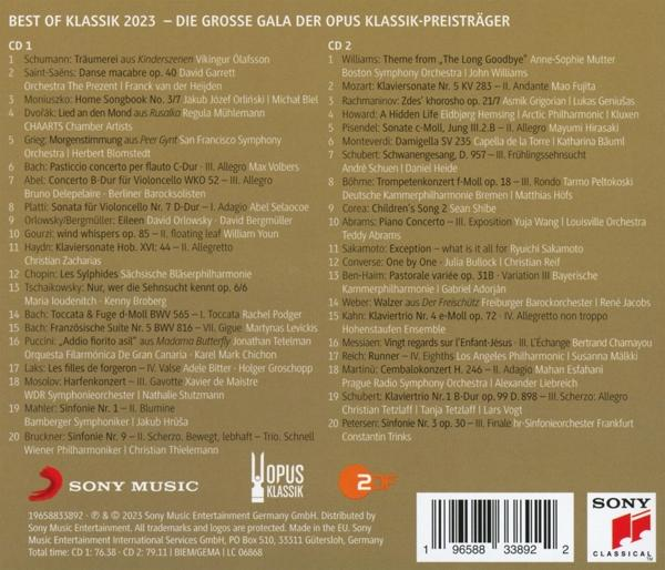 CD-Cover mit Text: Best of Klassik 2023, Titelliste, Sony Music und Opus Klassik Logos.