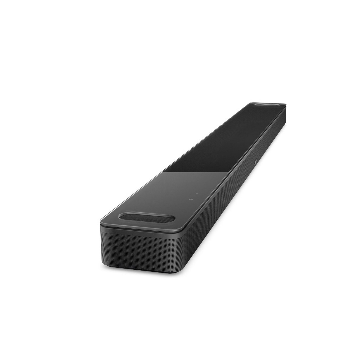 Une barre de son noire sur fond blanc. Le dessus est une surface noire brillante.