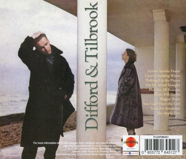 Albumcover mit zwei Männern in Mänteln, Text und Albumdetails. In der Mitte befindet sich eine Säule mit Text.