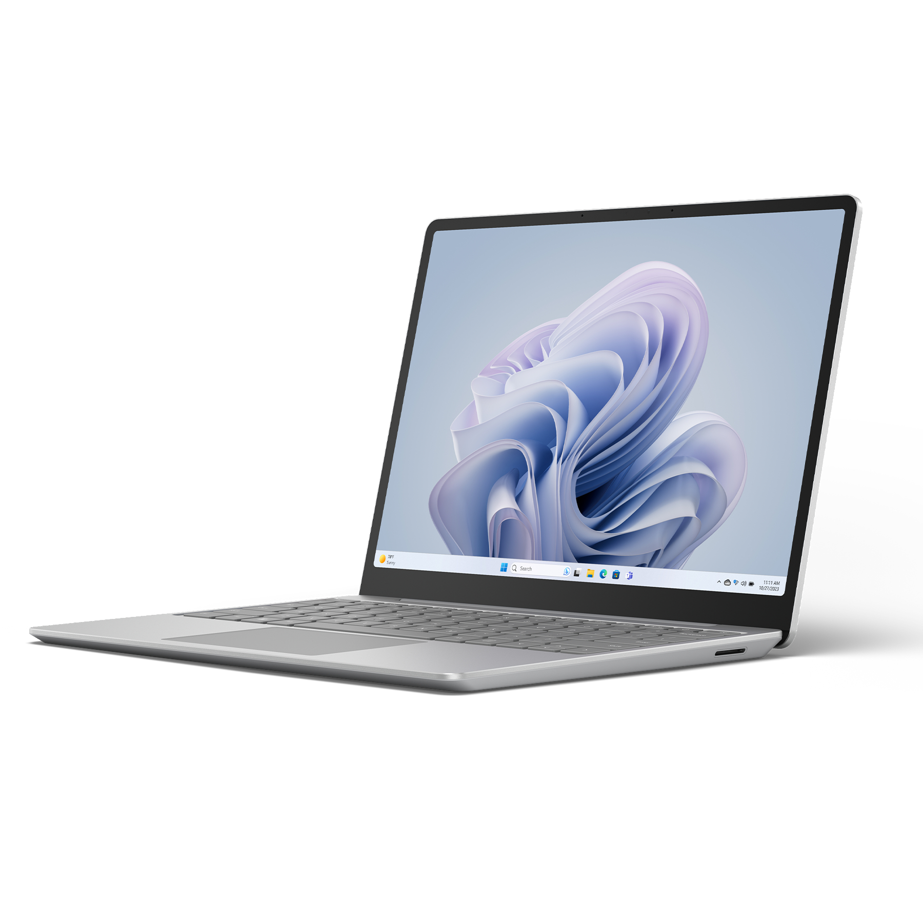 Ein silberner Laptop, der auf weißem Hintergrund geöffnet ist. Der Bildschirm zeigt eine farbenfrohe Grafik.