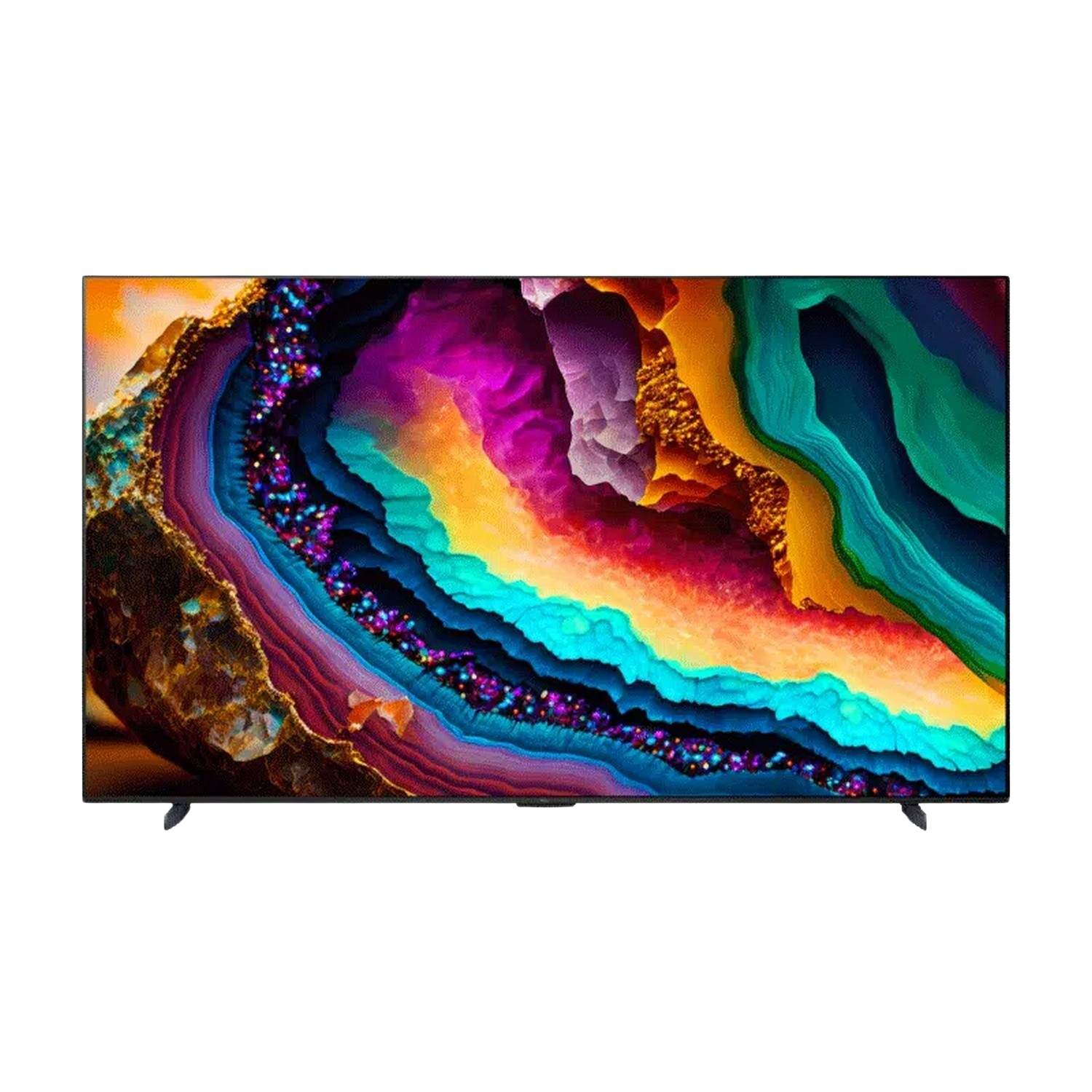 Een tv-scherm toont een kleurrijk, abstract beeld dat op een geode lijkt.