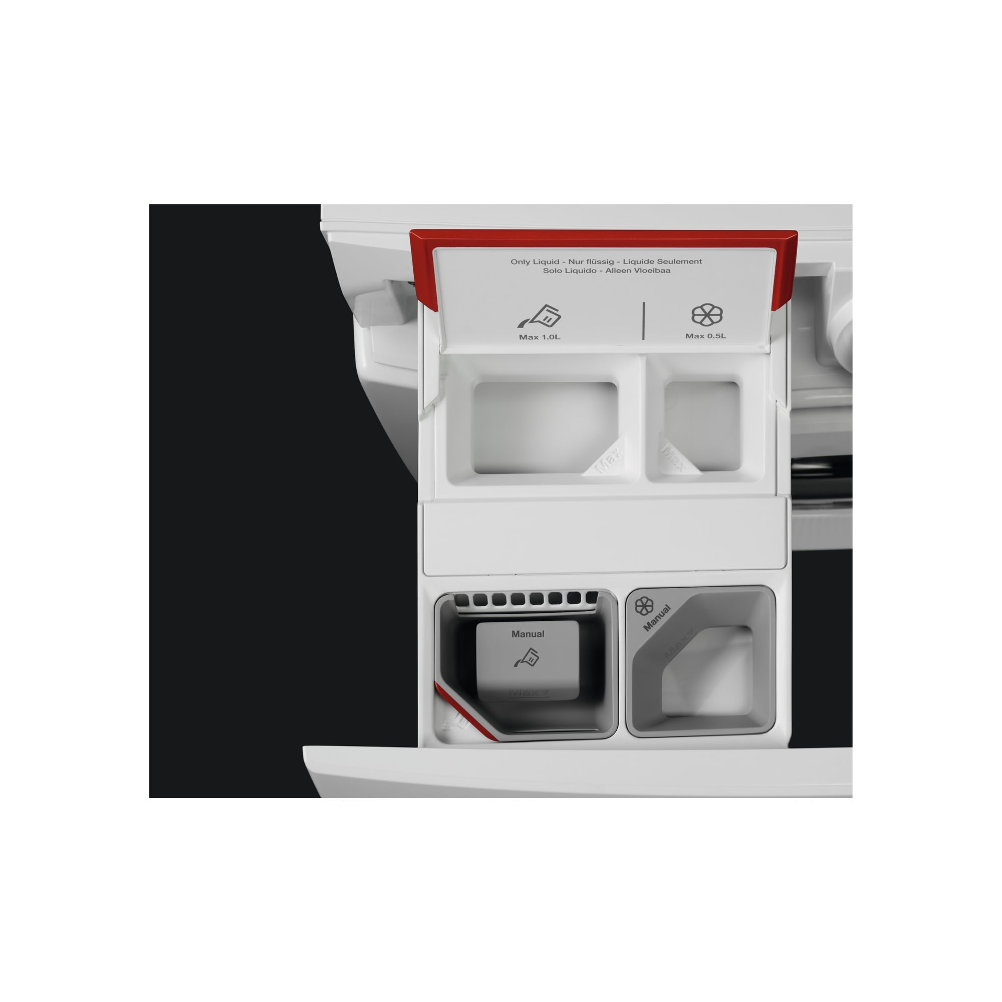 A washing machine detergent drawer, with compartments labeled and visible.