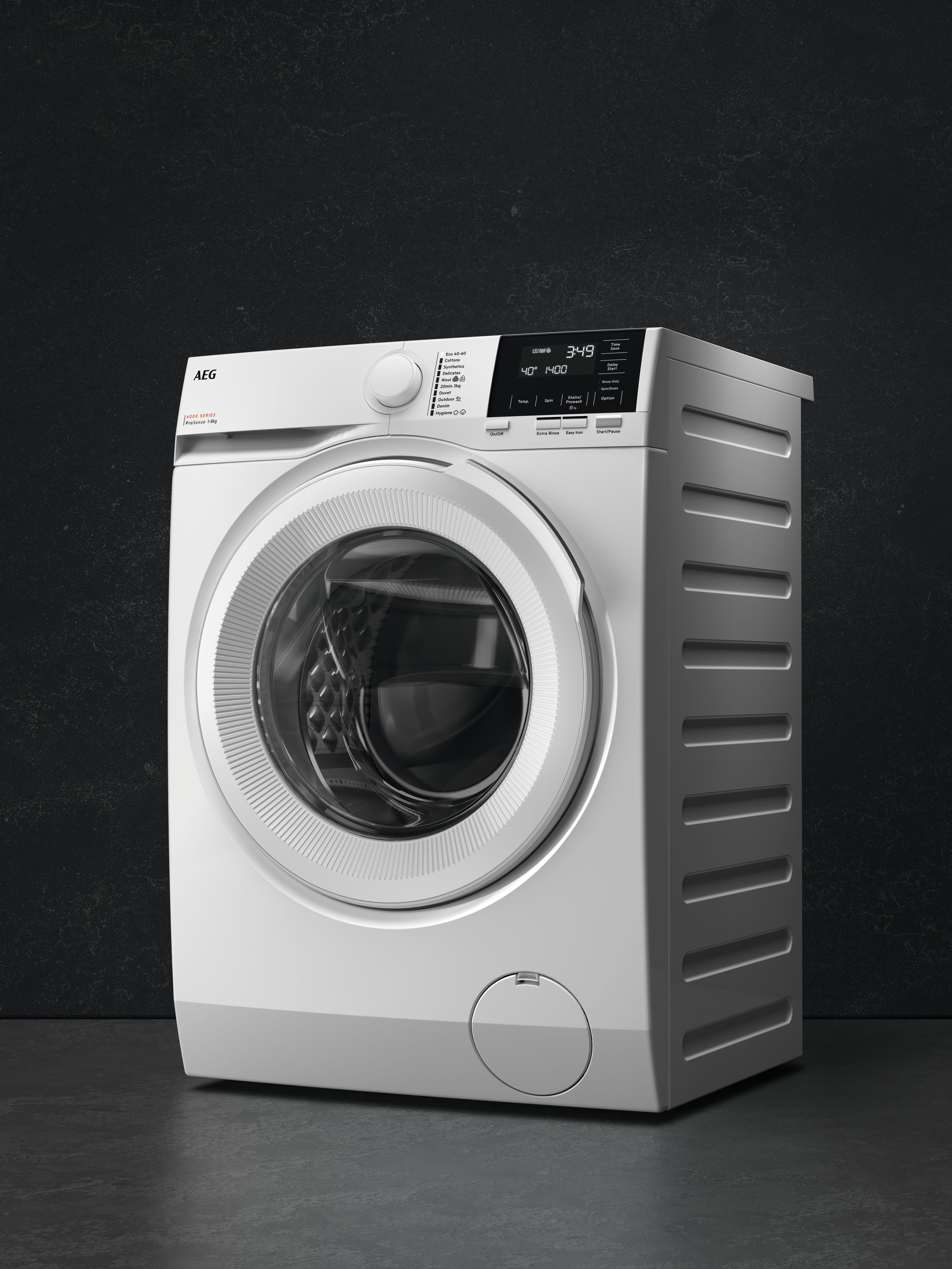Lave-linge blanc avec une porte ronde. L'arrière-plan est un mur gris foncé texturé.