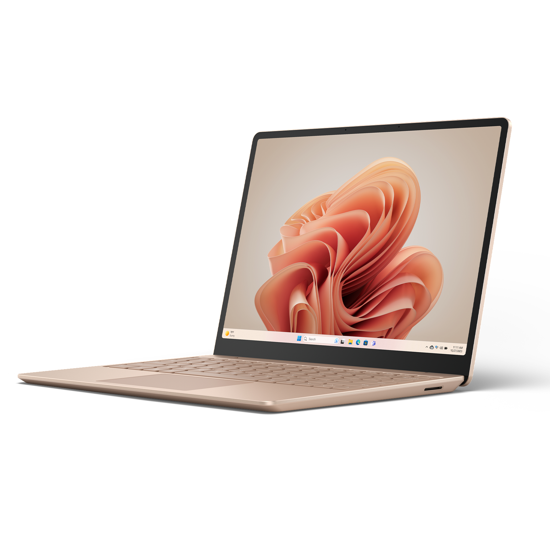 Ein goldfarbener Laptop auf weißer Oberfläche, der ein Blumengewebetapete anzeigt.