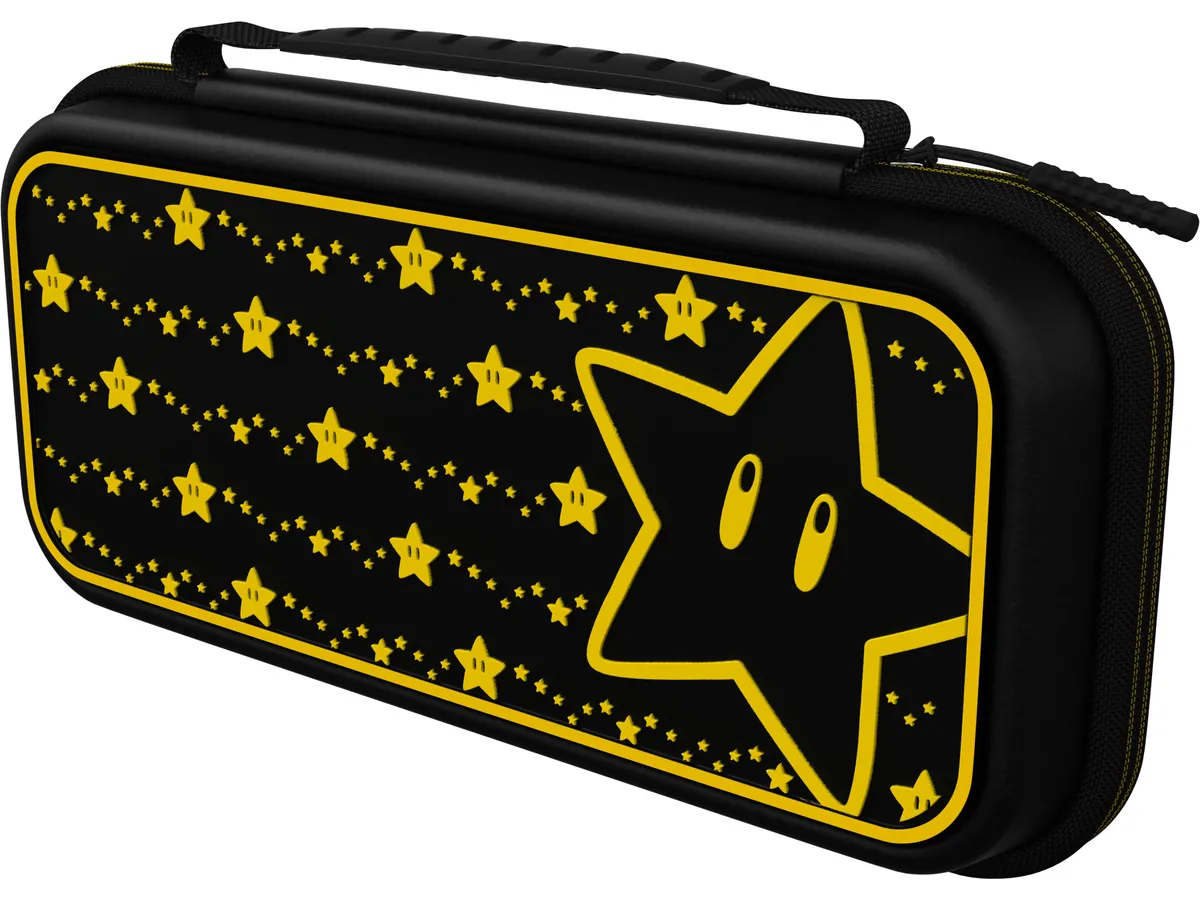 Estuche negro con diseño de estrella de Mario, estrellas amarillas y una estrella grande.