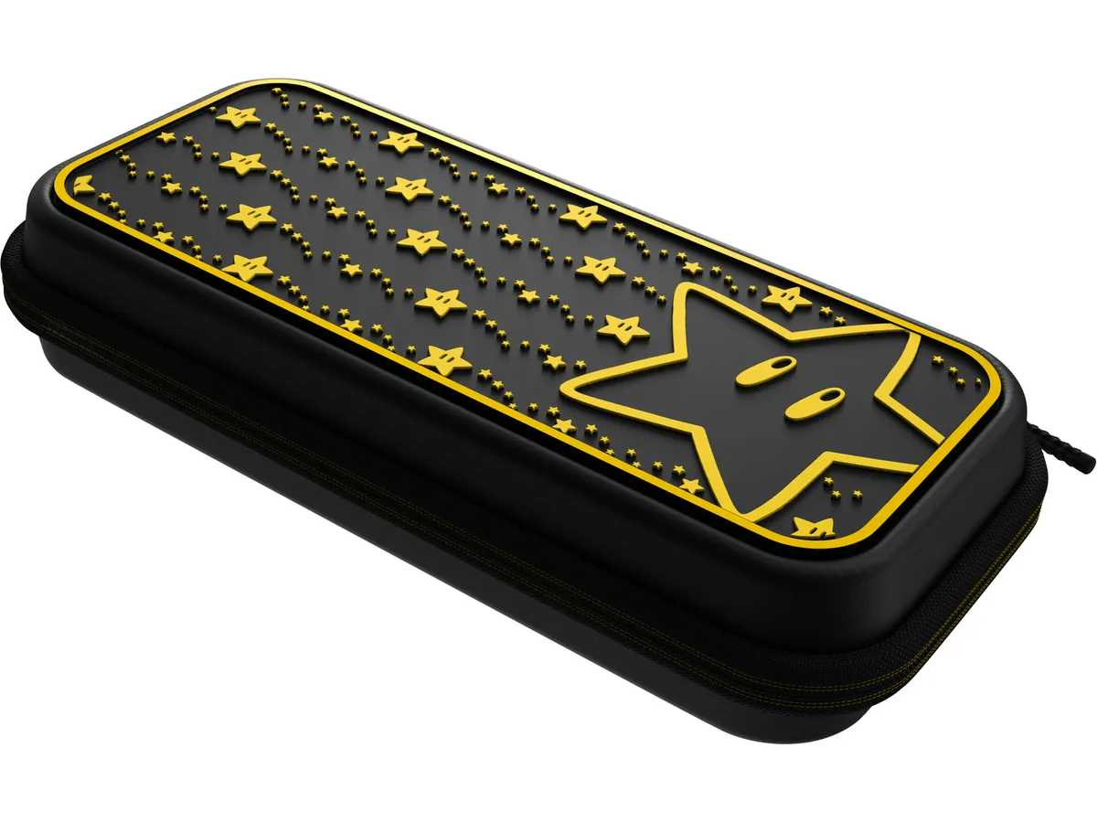 Funda negra Switch con estrellas doradas y contorno de estrella. Cierre de cremallera.