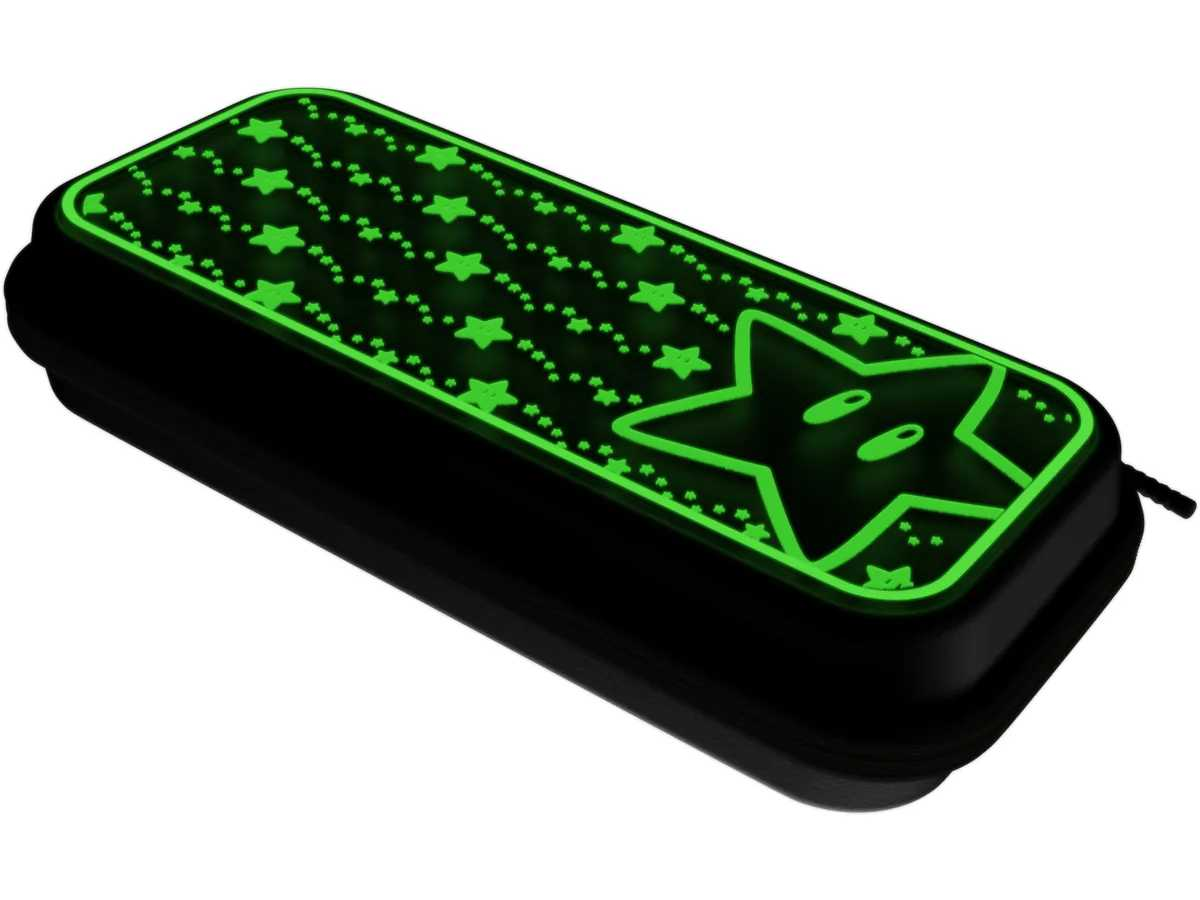 Estuche negro con una estrella verde brillante y un patrón de estrellas.