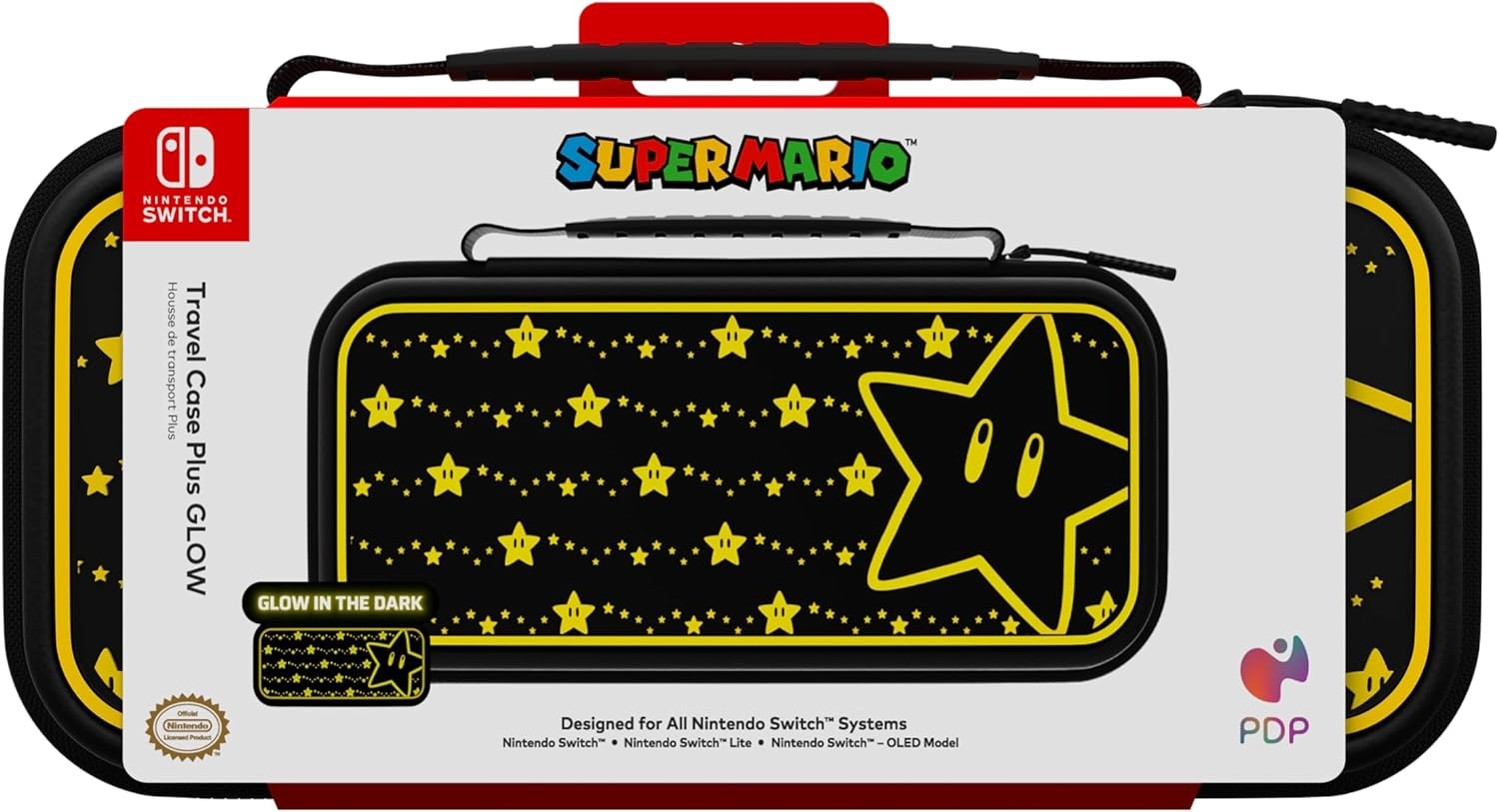 Funda de viaje Nintendo Switch con diseño de Super Mario, negra con estrellas amarillas y estrella brillante.